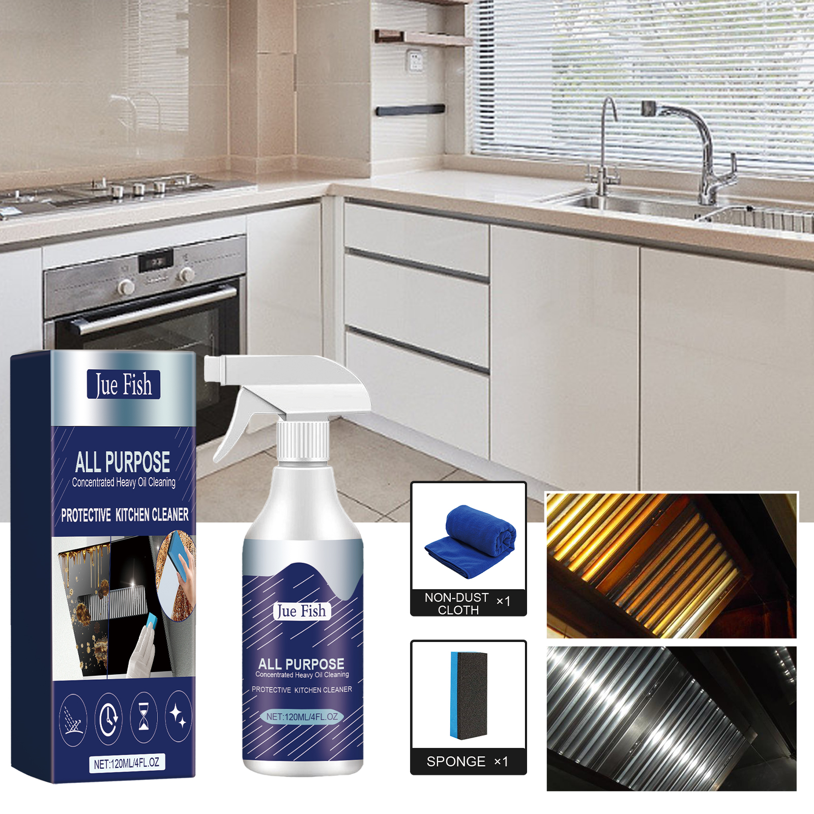 Kitchen cleaner beside greasy metal range hood surface
