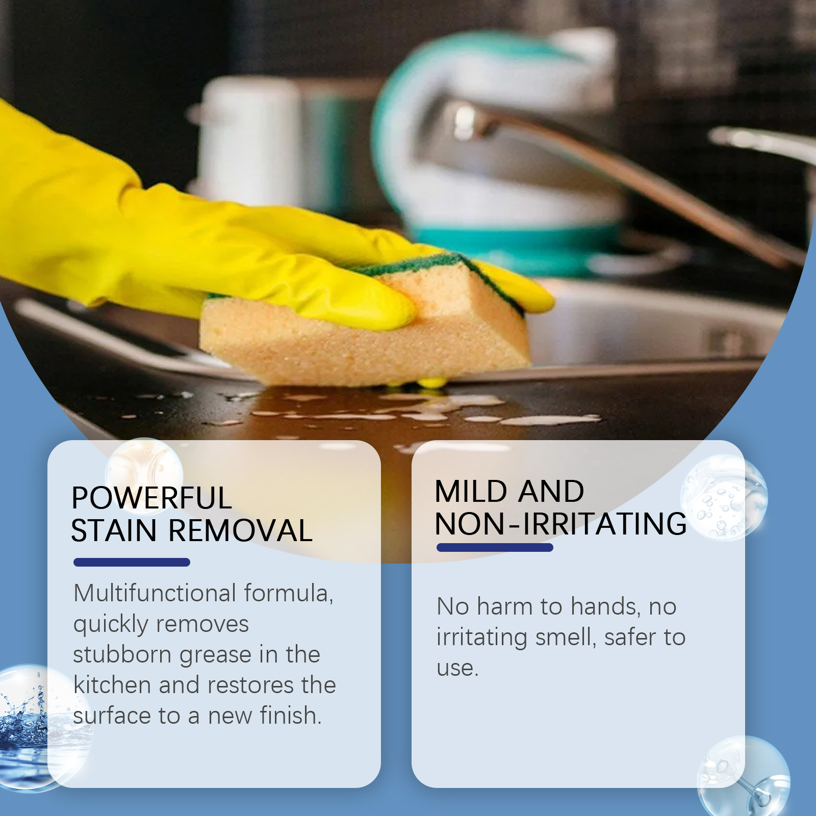 Gloved hand using spray cleaner on wet kitchen surface