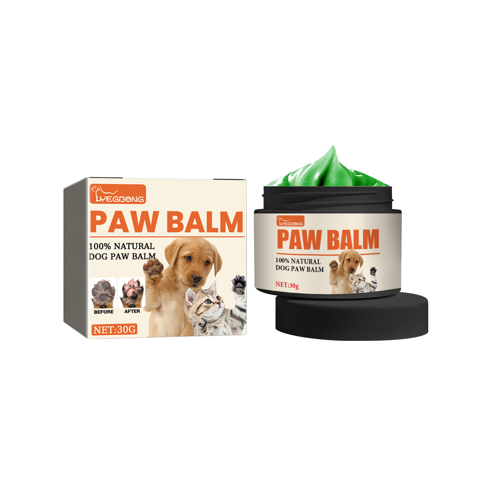 Dog and cat paw balm packaging together