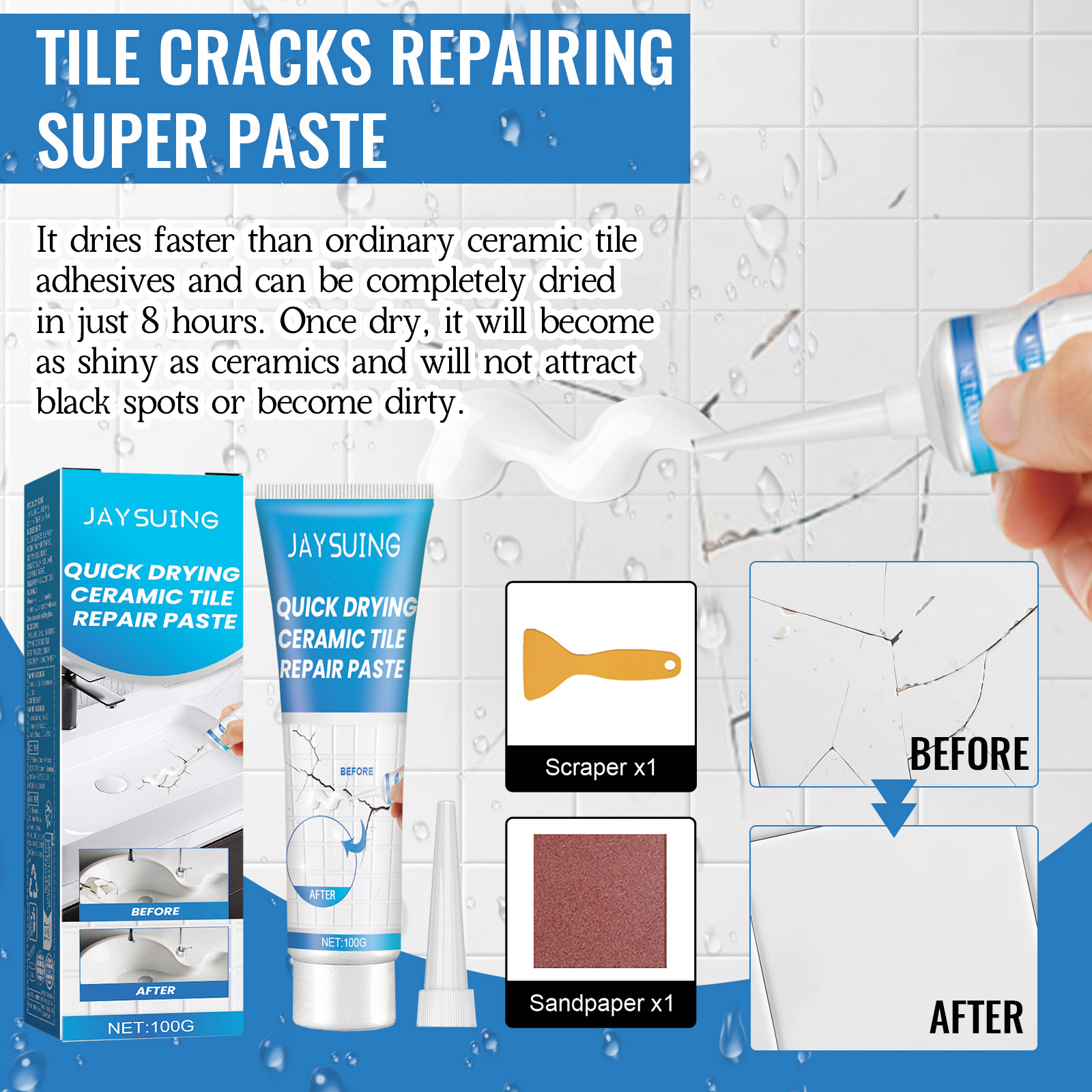 Tile repair paste with scraper and sandpaper accessories