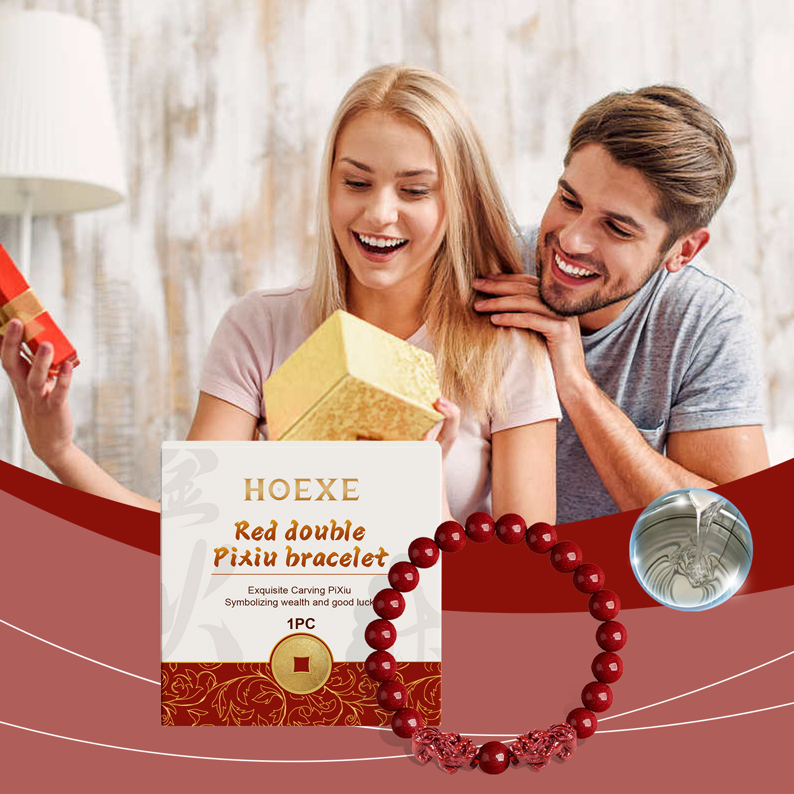 Red stretch Pixiu bracelet worn for gifting