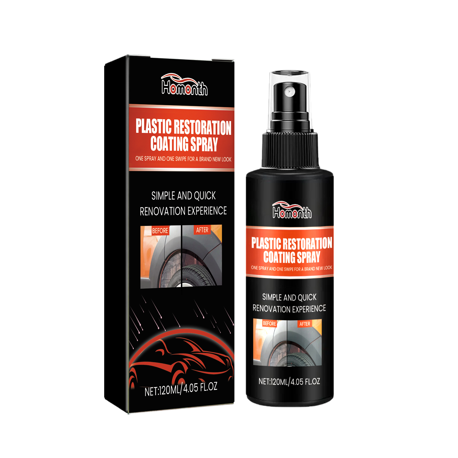 Fine mist automotive restoration spray and carton