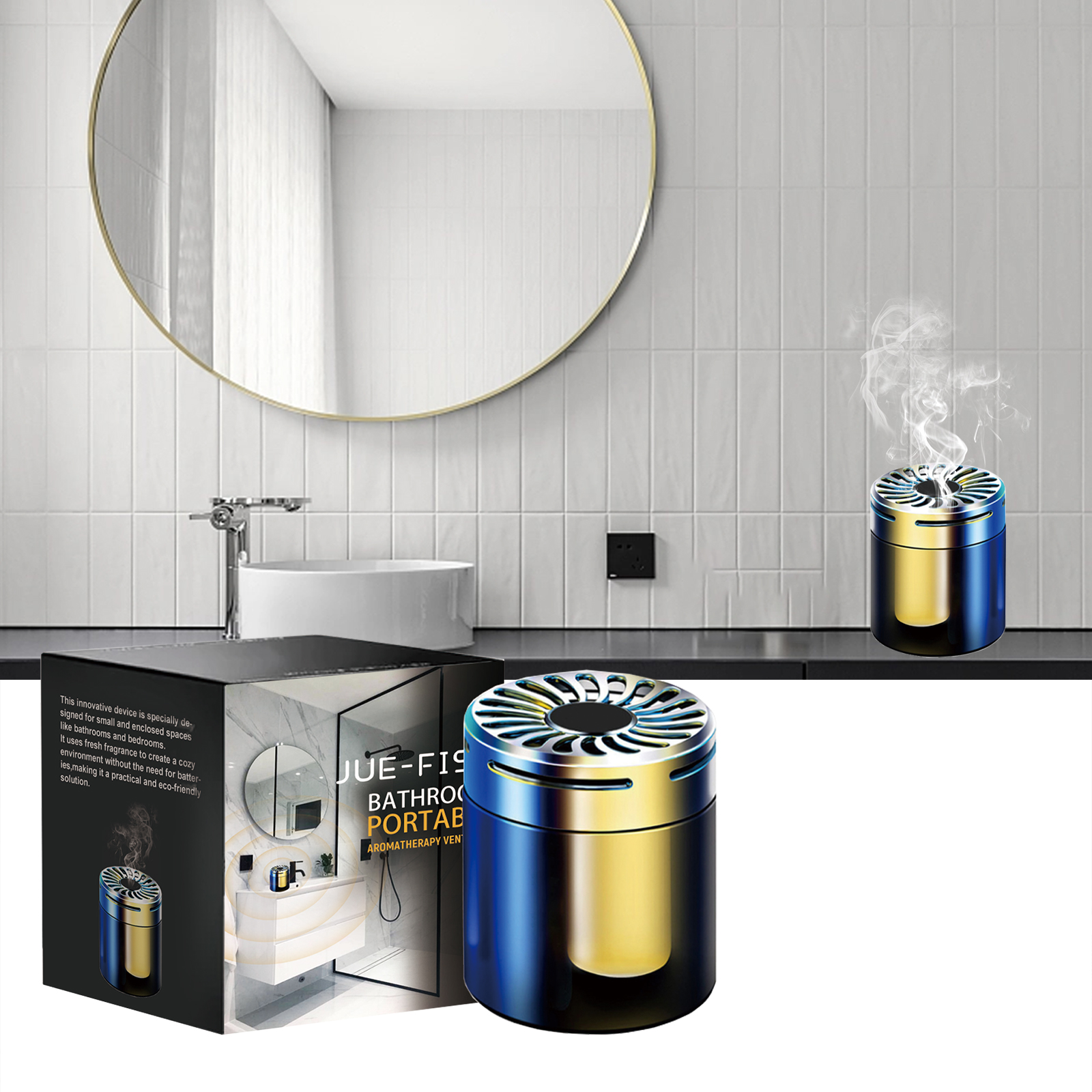Ventilator operating on bathroom counter with upward vapor
