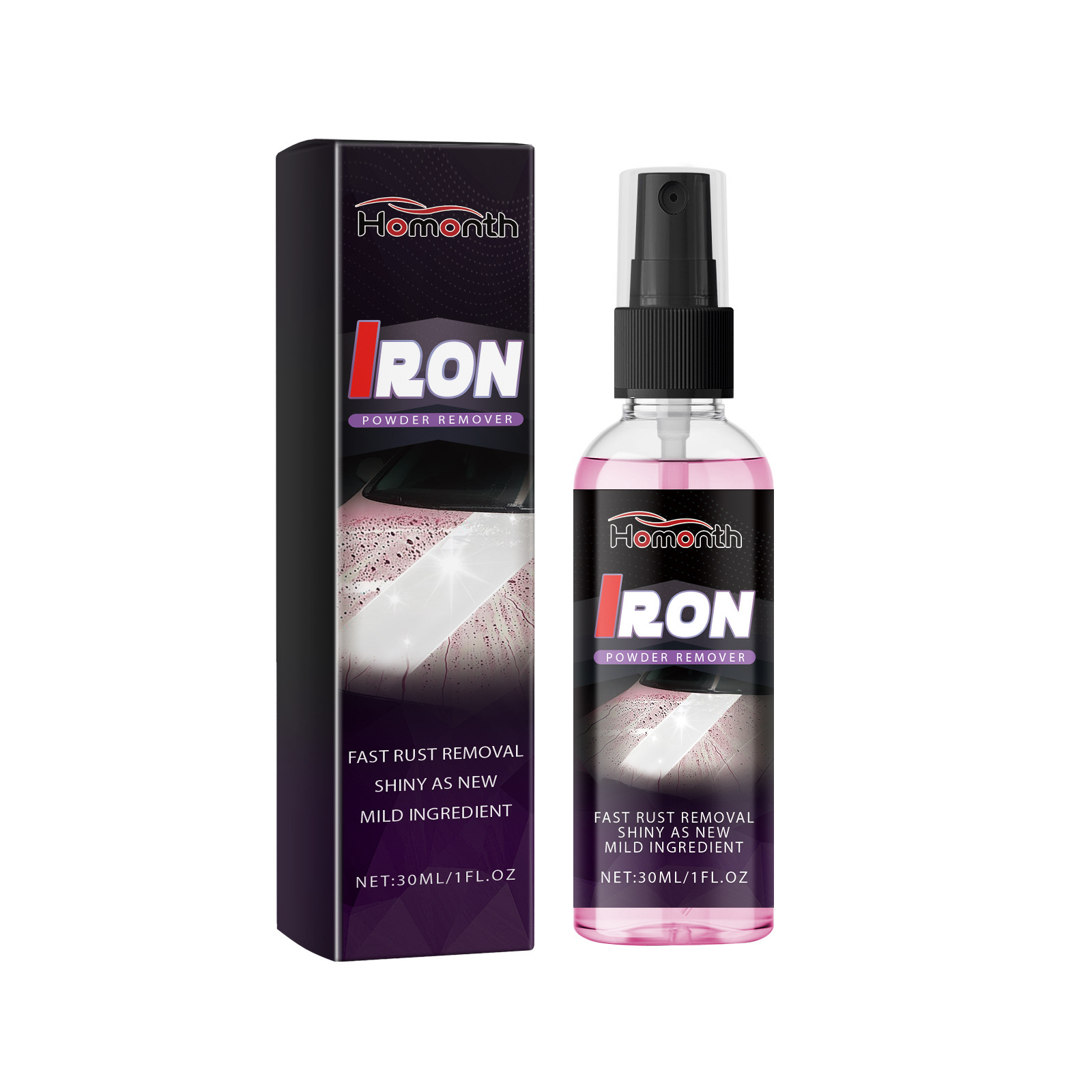 Pink rust remover bottle with black spray pump