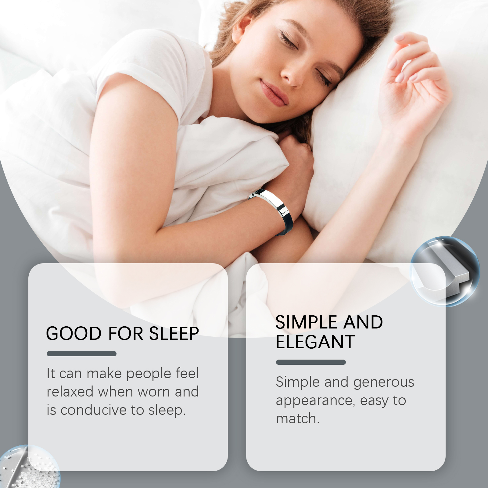 Woman relaxing in bed while wearing black bracelet