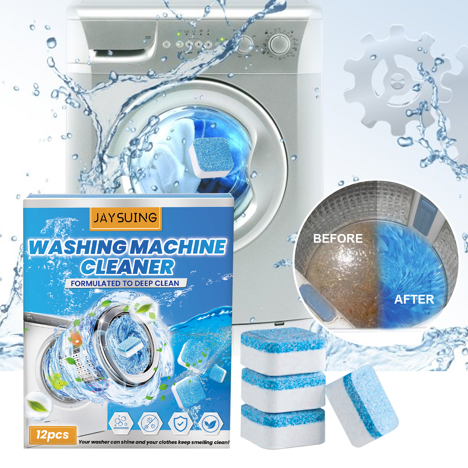 Washing machine cleaner beside open washer