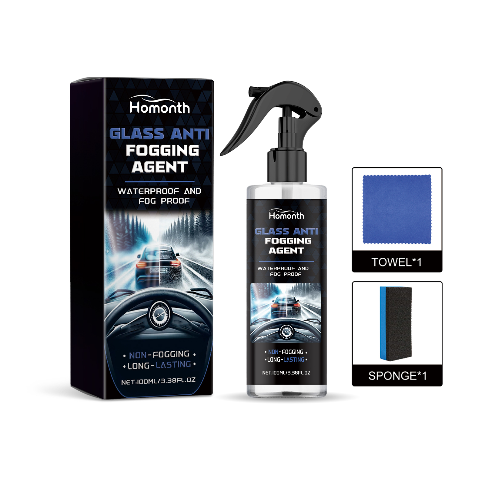 Spray bottle, towel, sponge, and box arranged as a kit