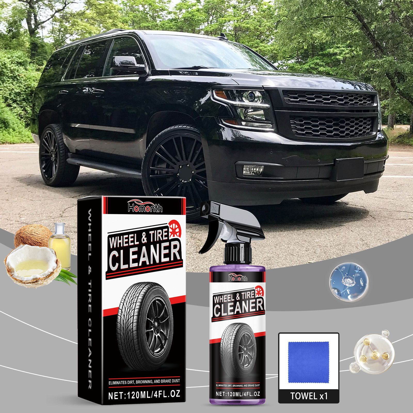 Clean dark SUV outdoors after wheel and tire detailing