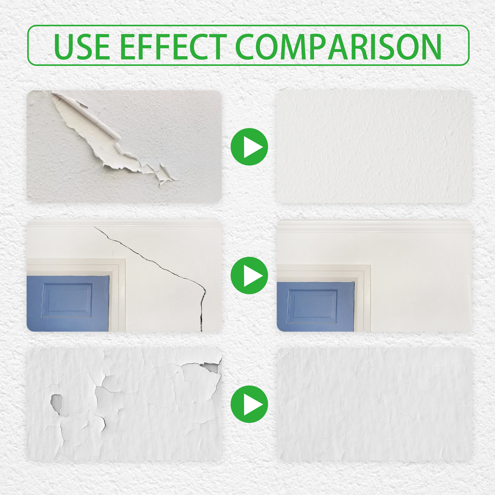 Before and after damaged white wall repair results
