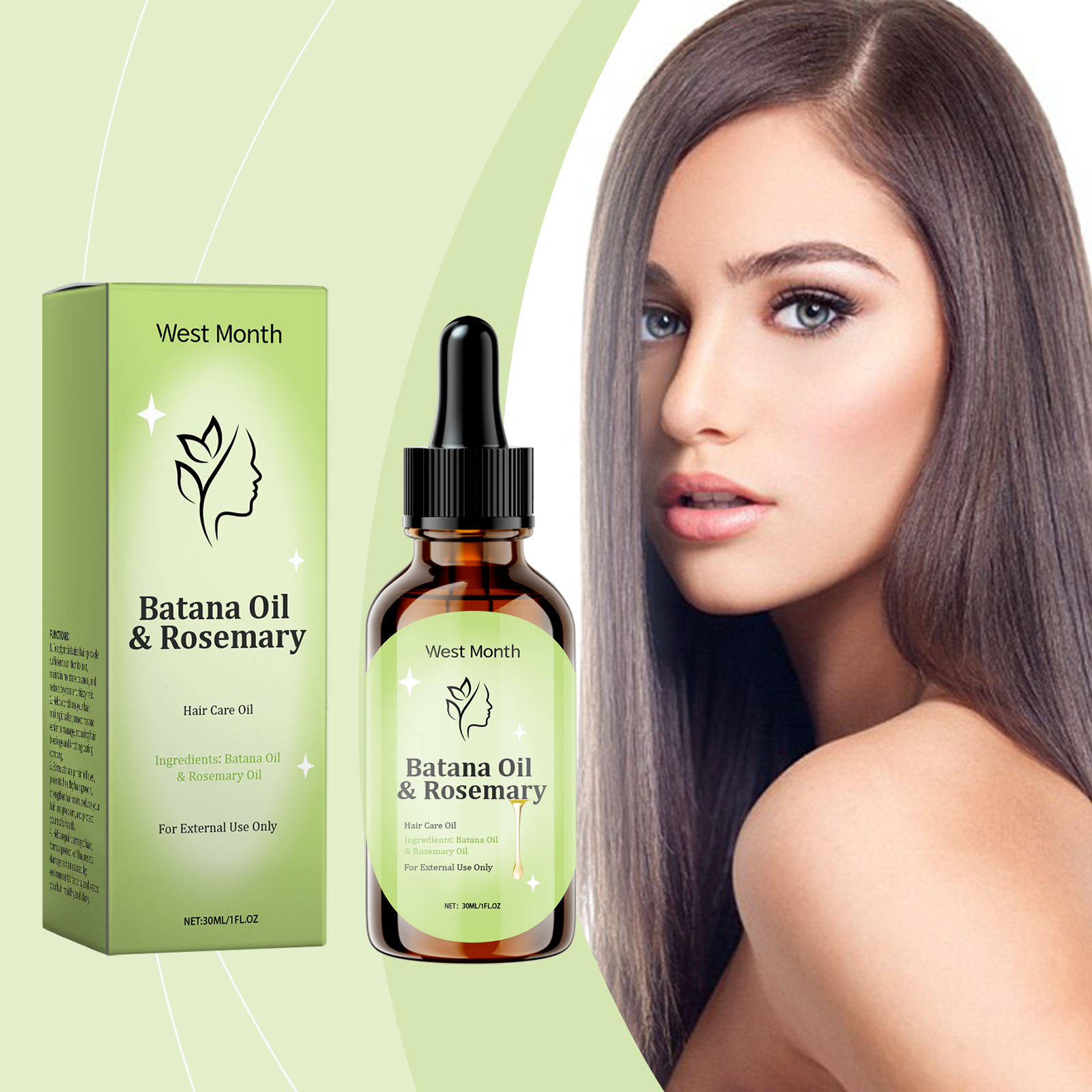 Rosemary hair oil displayed beside smooth healthy-looking hair