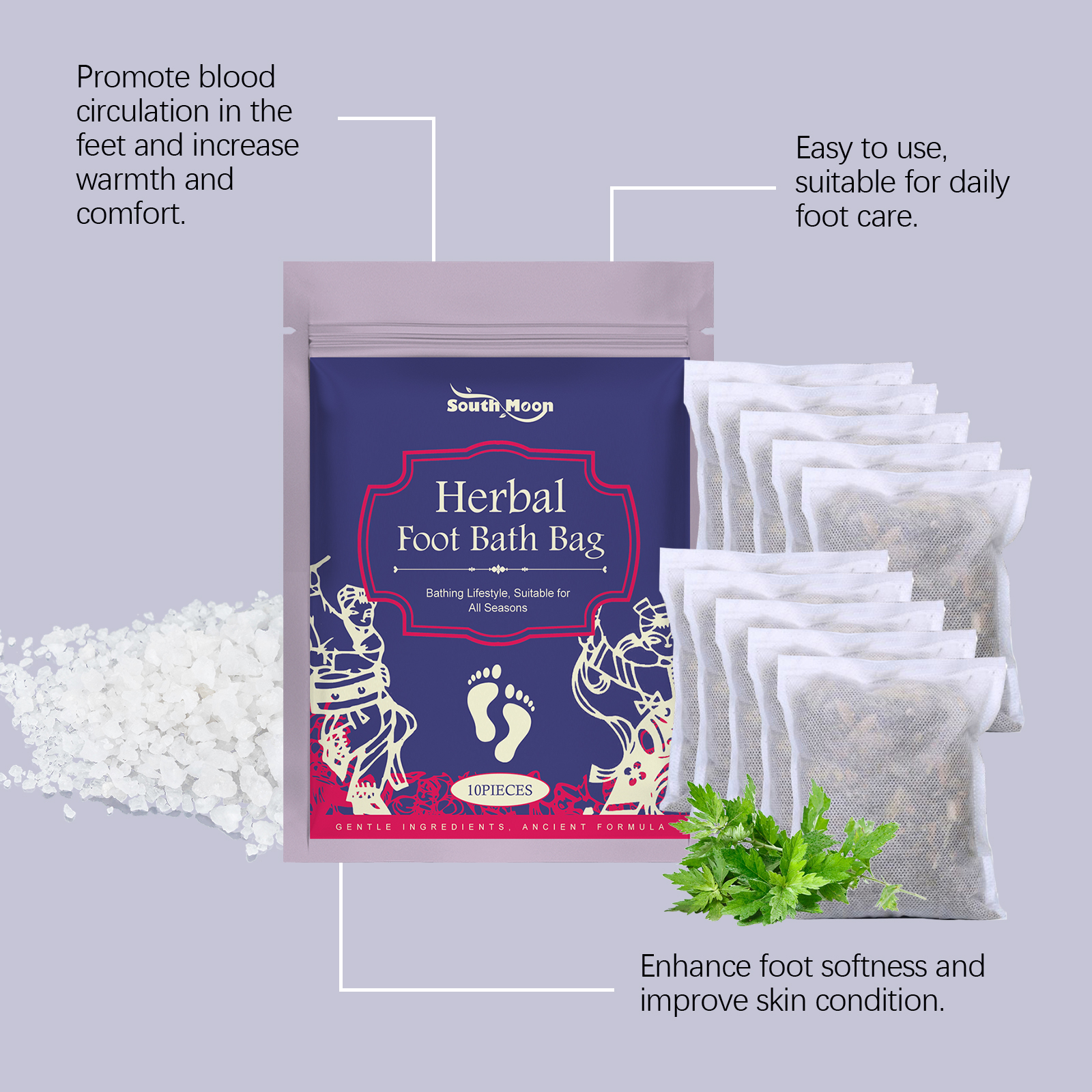 Herbal sachets and pouch shown with warmth and softness benefits