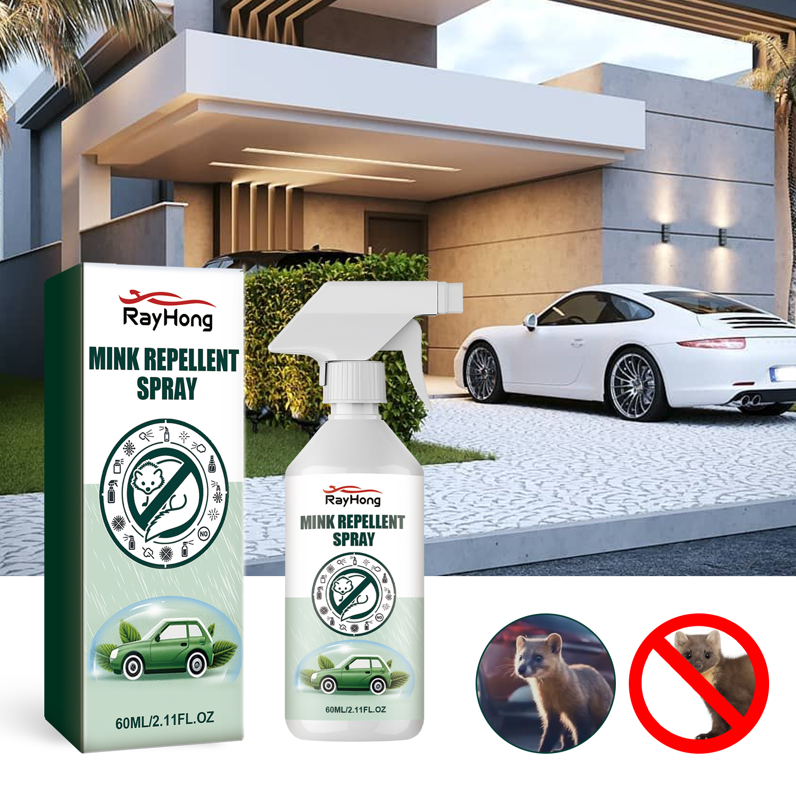 Mink spray shown beside vehicle in driveway