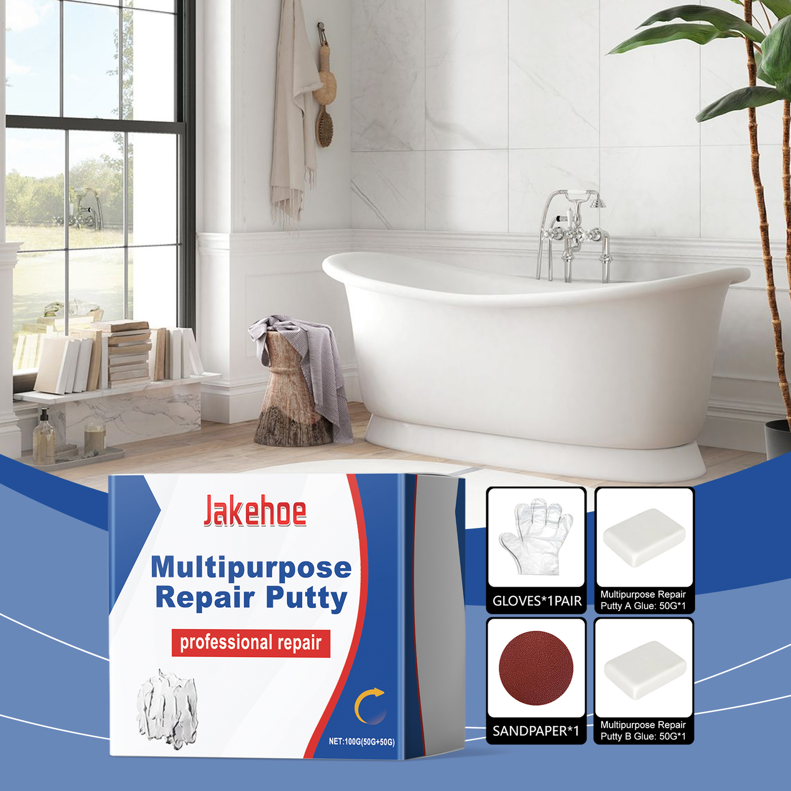 Repair putty kit shown in bathroom context