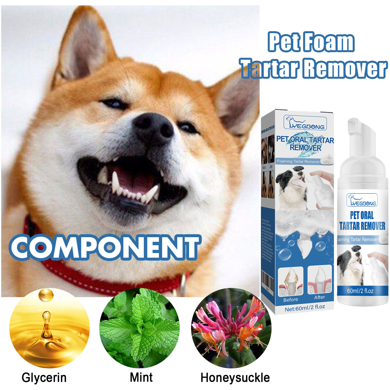 Compact pet oral cleaner beside home grooming supplies