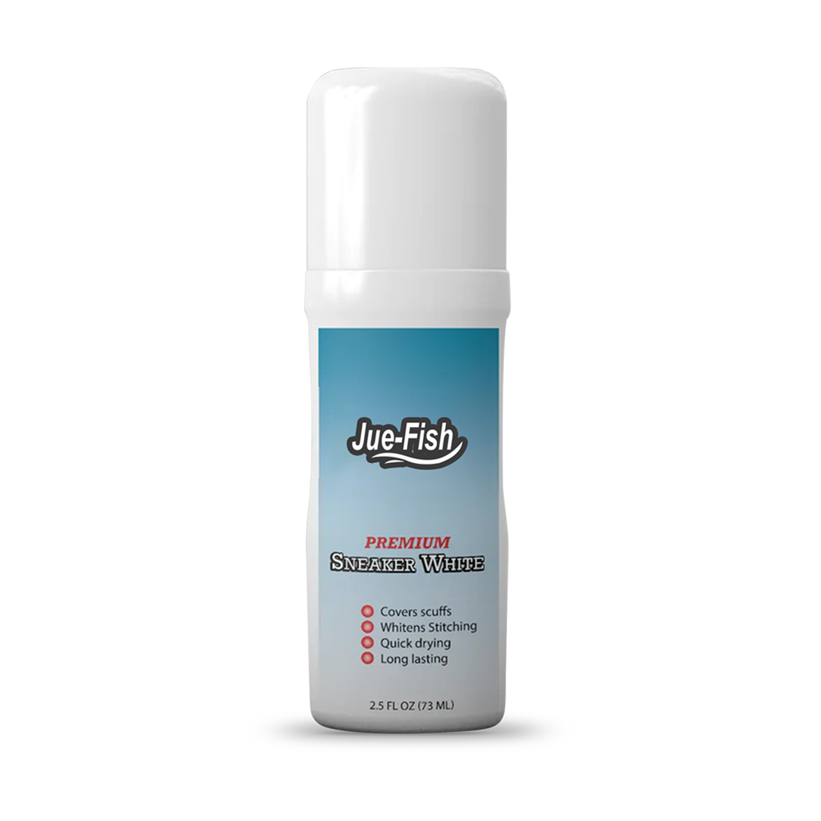 The 73ml Jue-Fish bottle, compact and portable, showing full label with claims and teal gradient