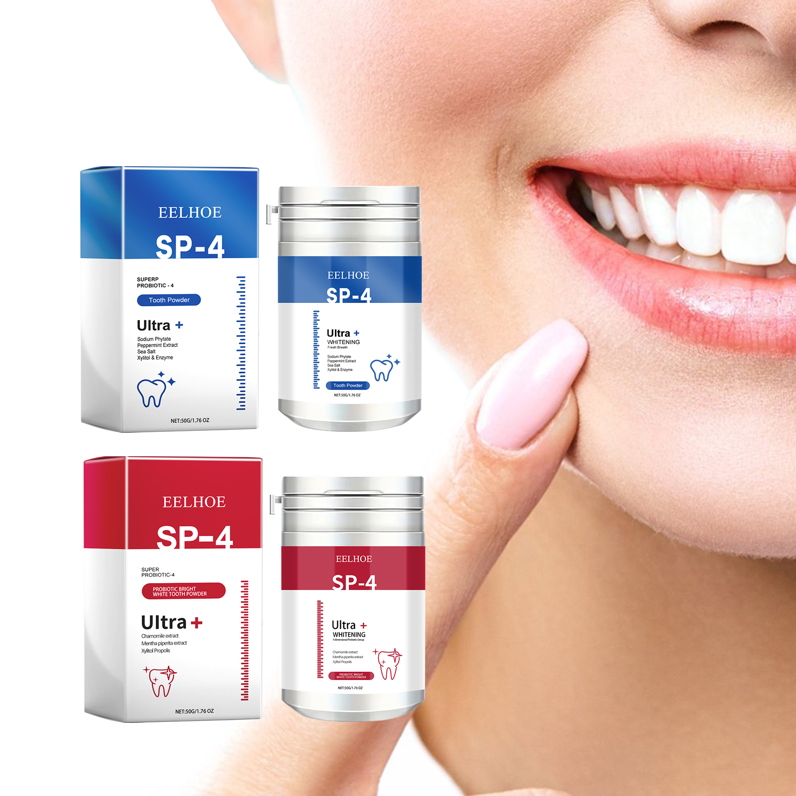 Compact tooth powder jar shown with smiling model