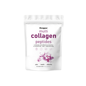 Multi-Collagen Peptides powder in white resealable pouch with purple branding and pink floral decoration