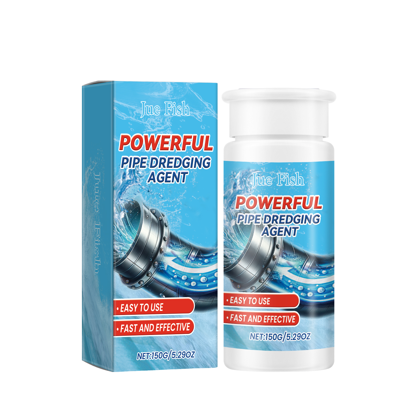 Blue retail carton and matching drain treatment container