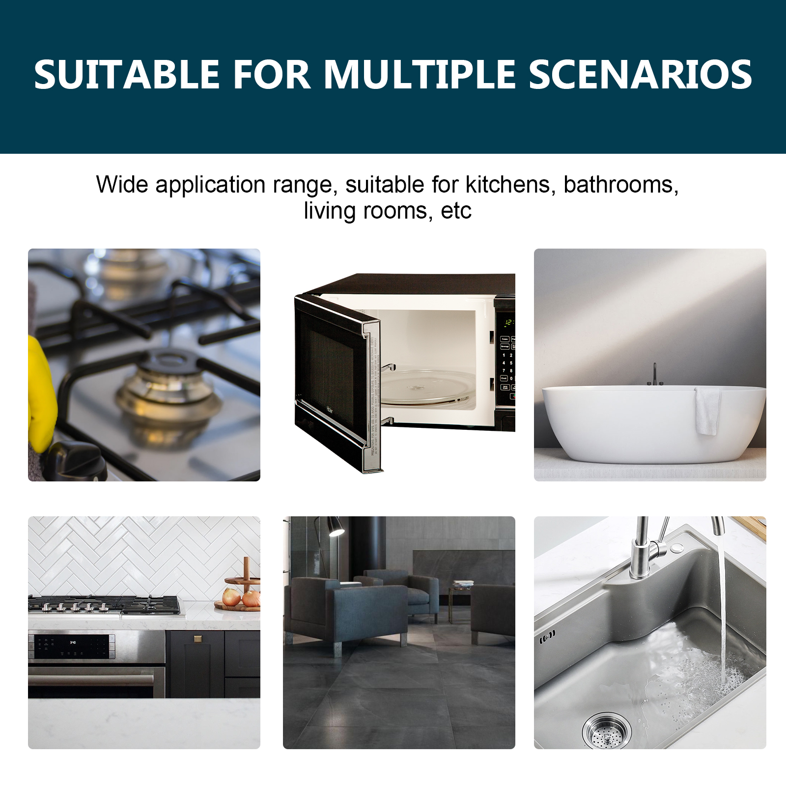 Text banner showing multiple cleaning scenarios: stovetop, microwave, bathtub, countertop, living room, sink