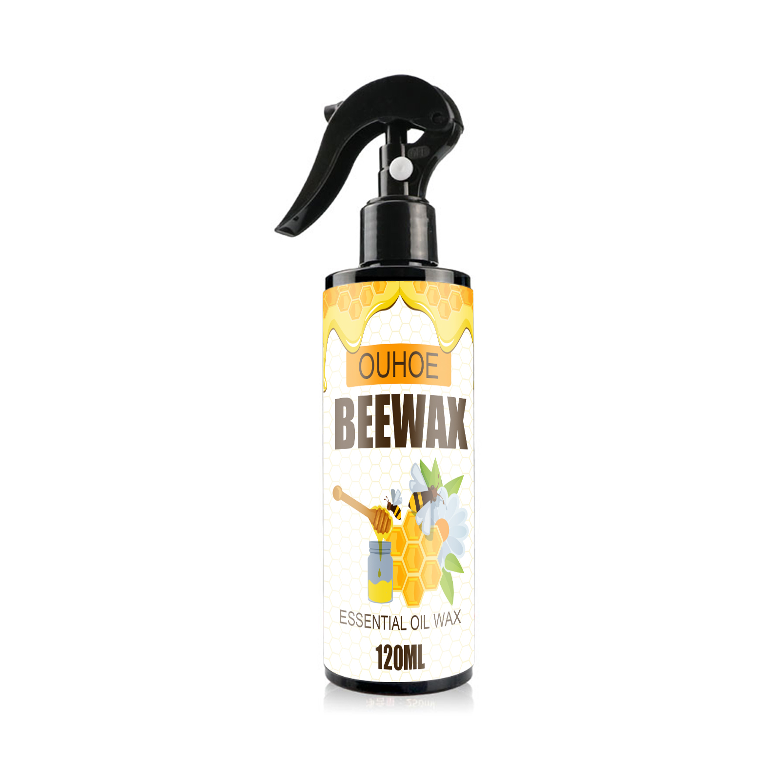 Black trigger sprayer on compact beeswax furniture polish bottle