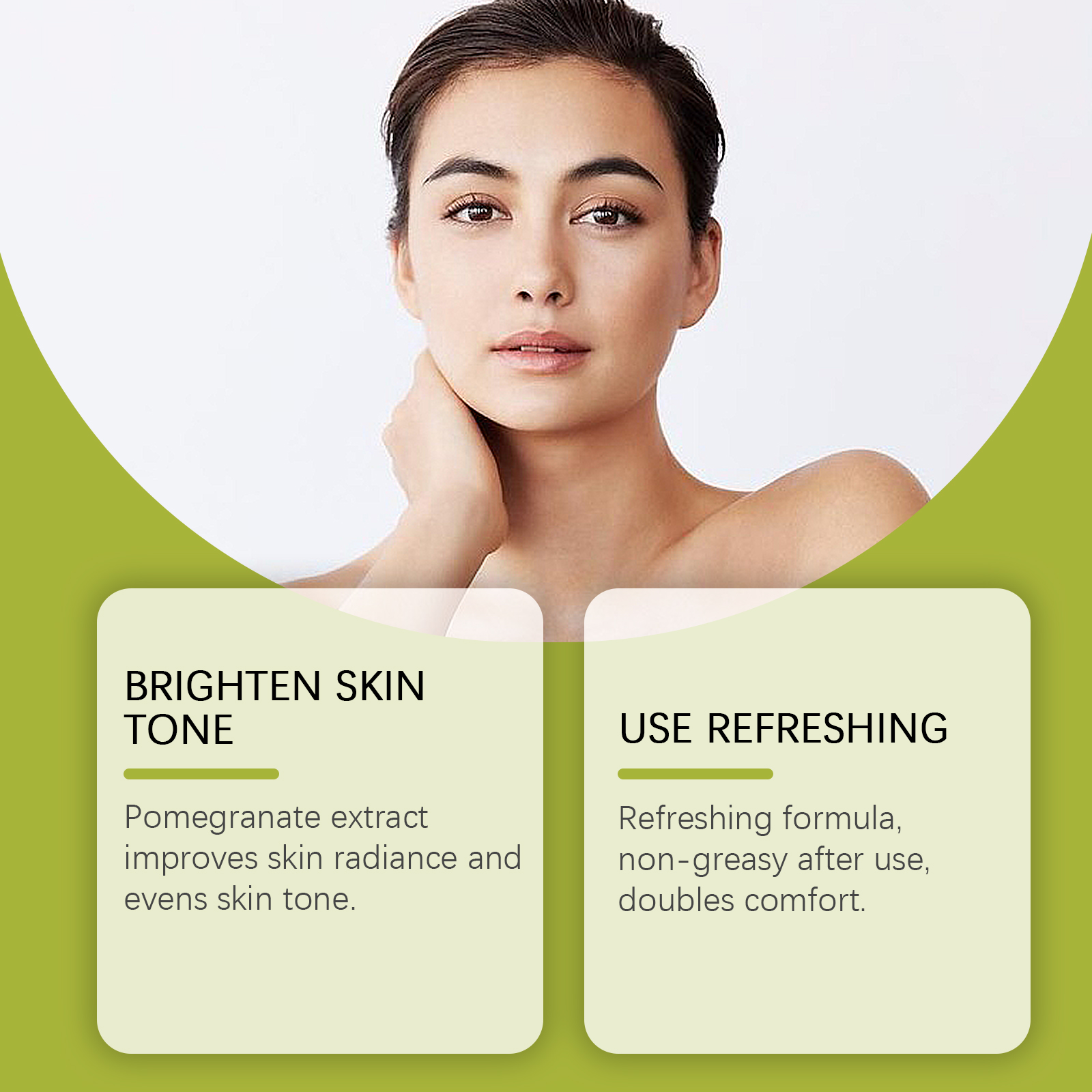 Woman with fresh complexion beside brightening skincare benefit claims