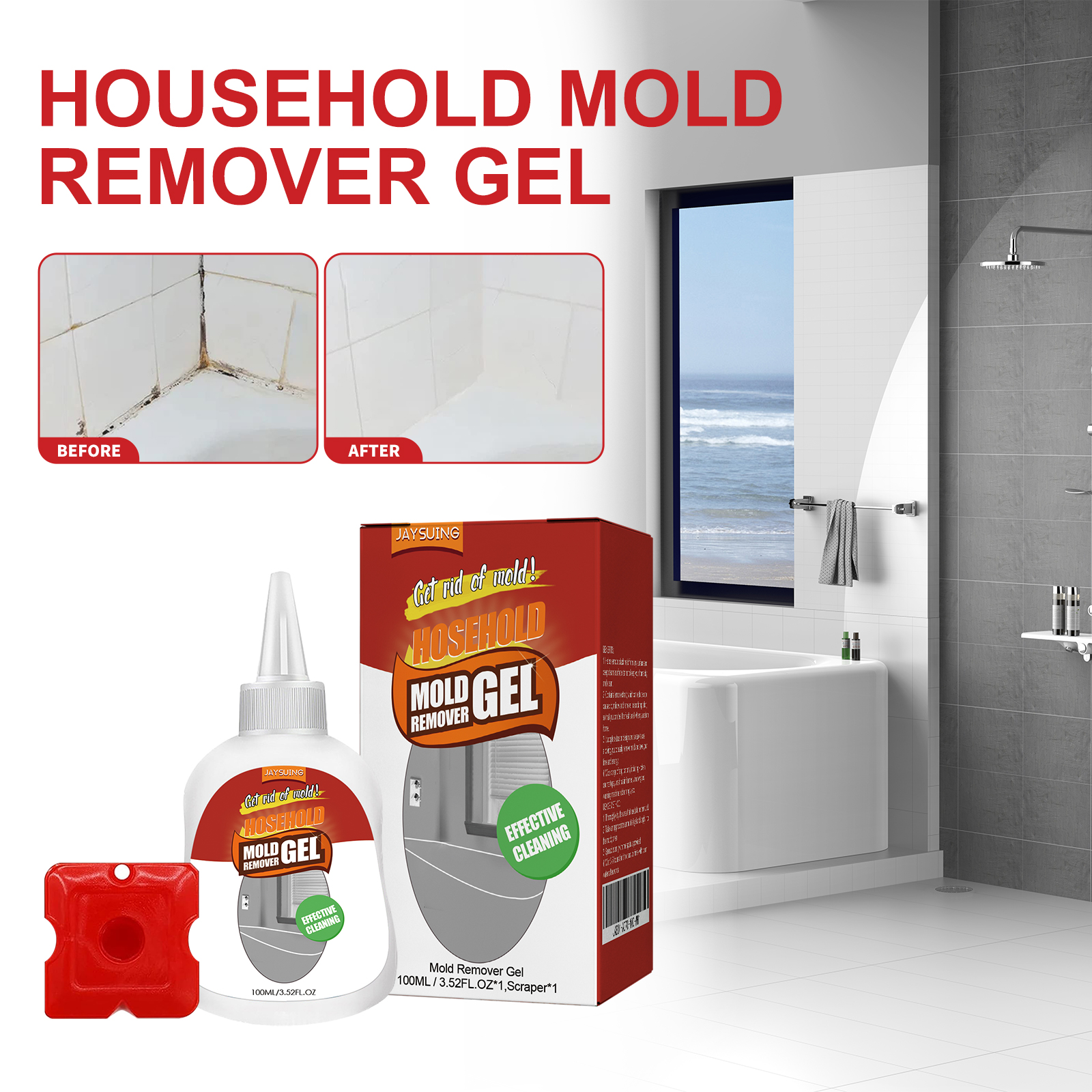 Dark mildew staining beside cleaner tiled corner