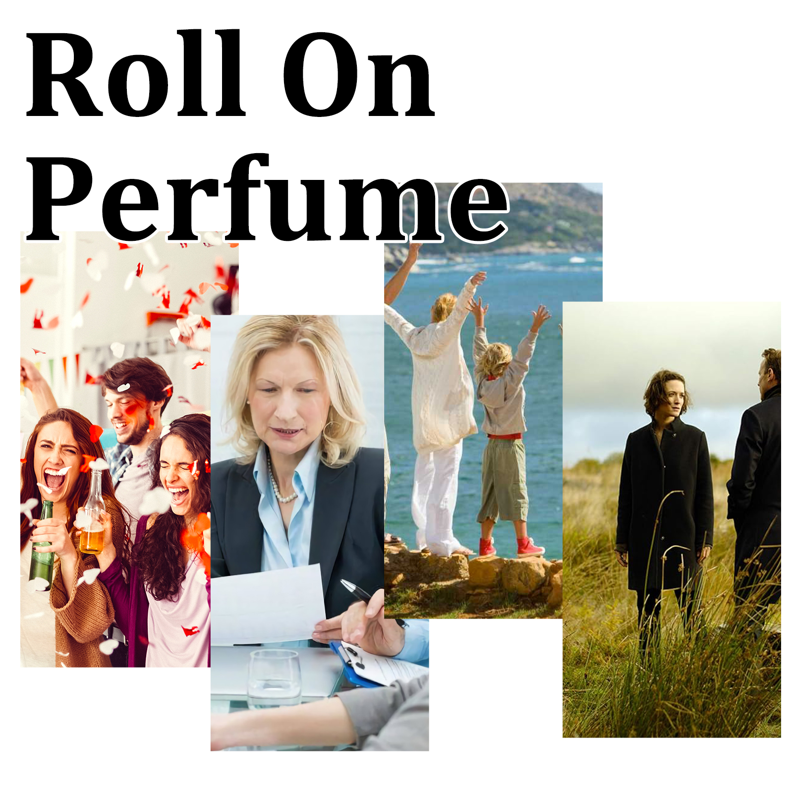 Travel-size perfume bottle shown in lifestyle scenes