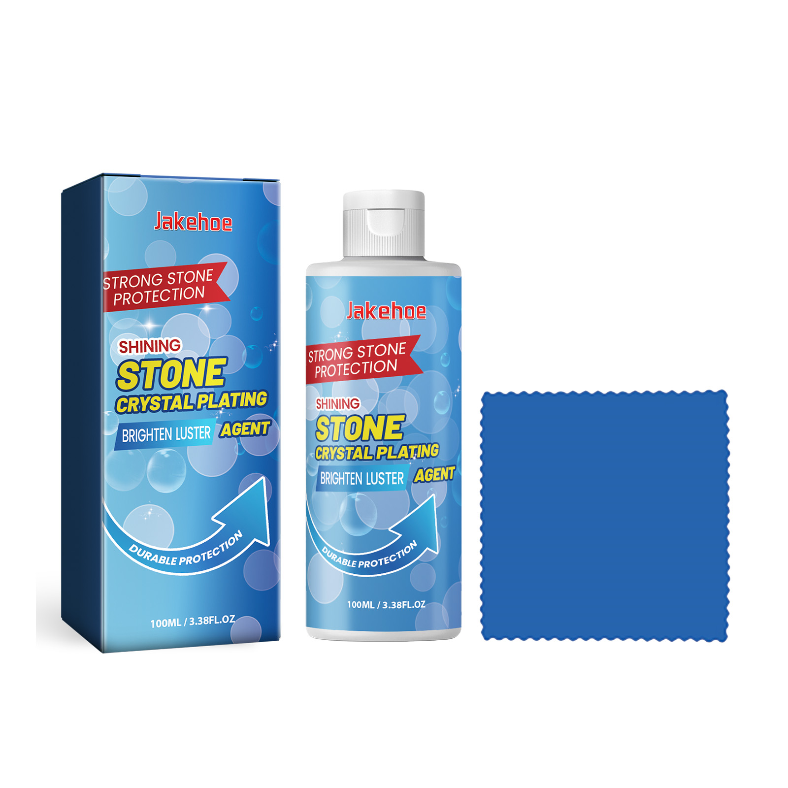 Blue polishing cloth beside stone treatment bottle and box