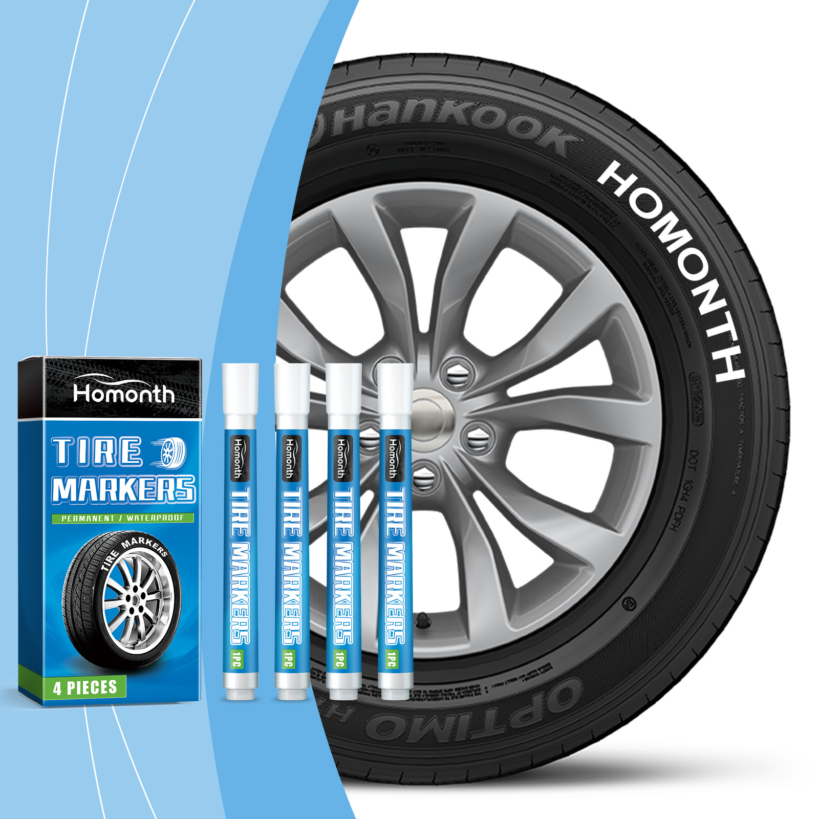 Bright white lettering across black tire sidewall