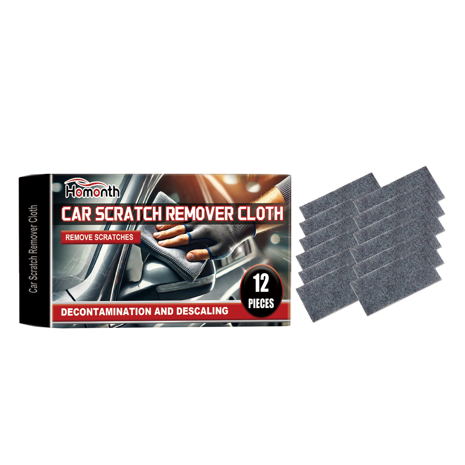 Multiple charcoal scratch remover cloths beside product box