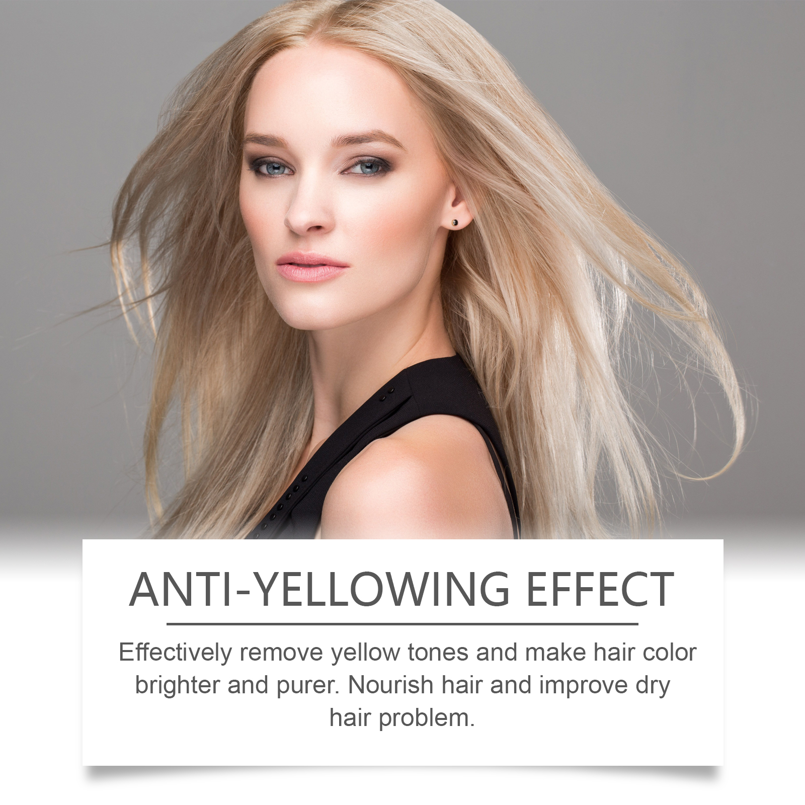 Light blonde hair beside purple anti-yellowing product claim