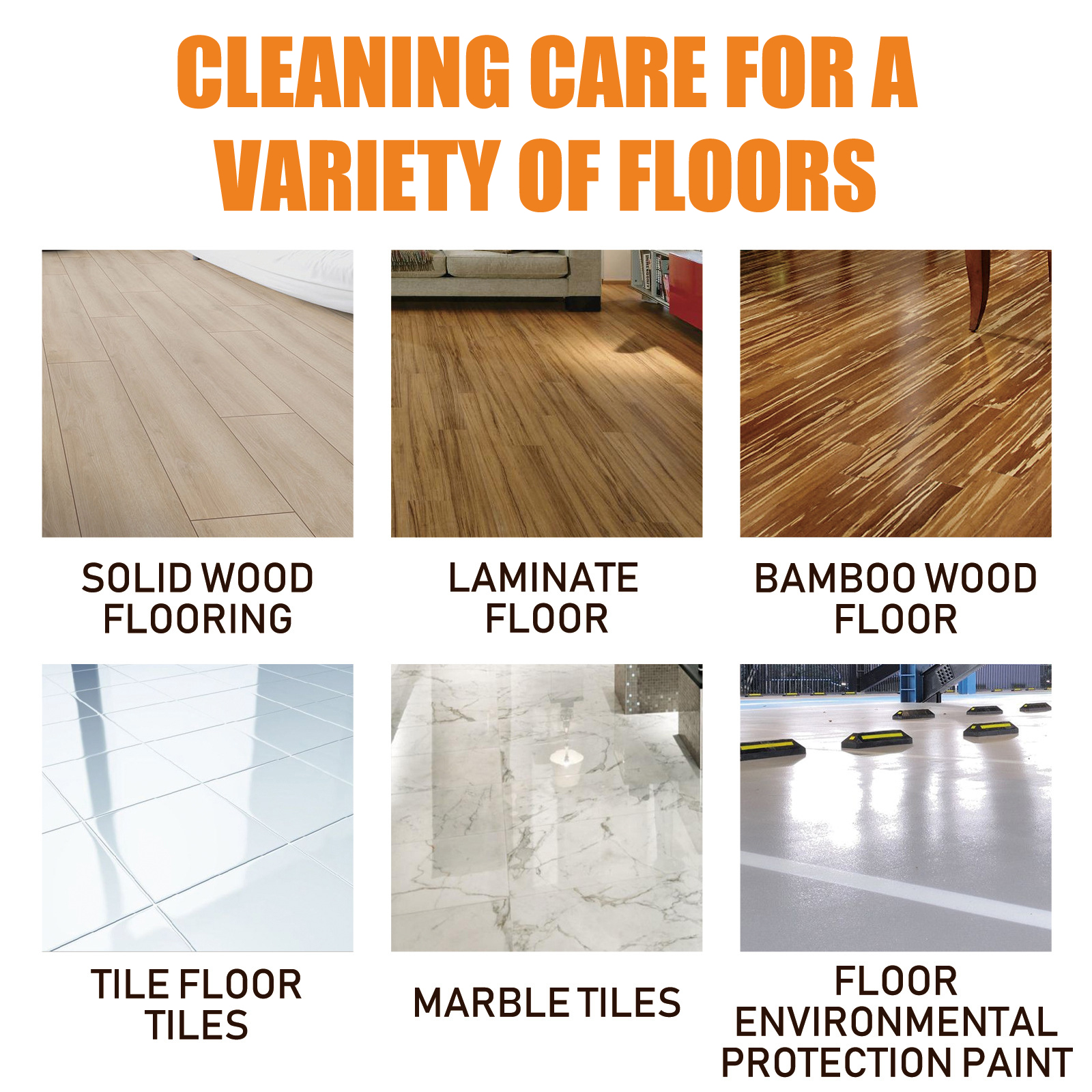 Cleaner graphic showing wood tile bamboo and marble floors