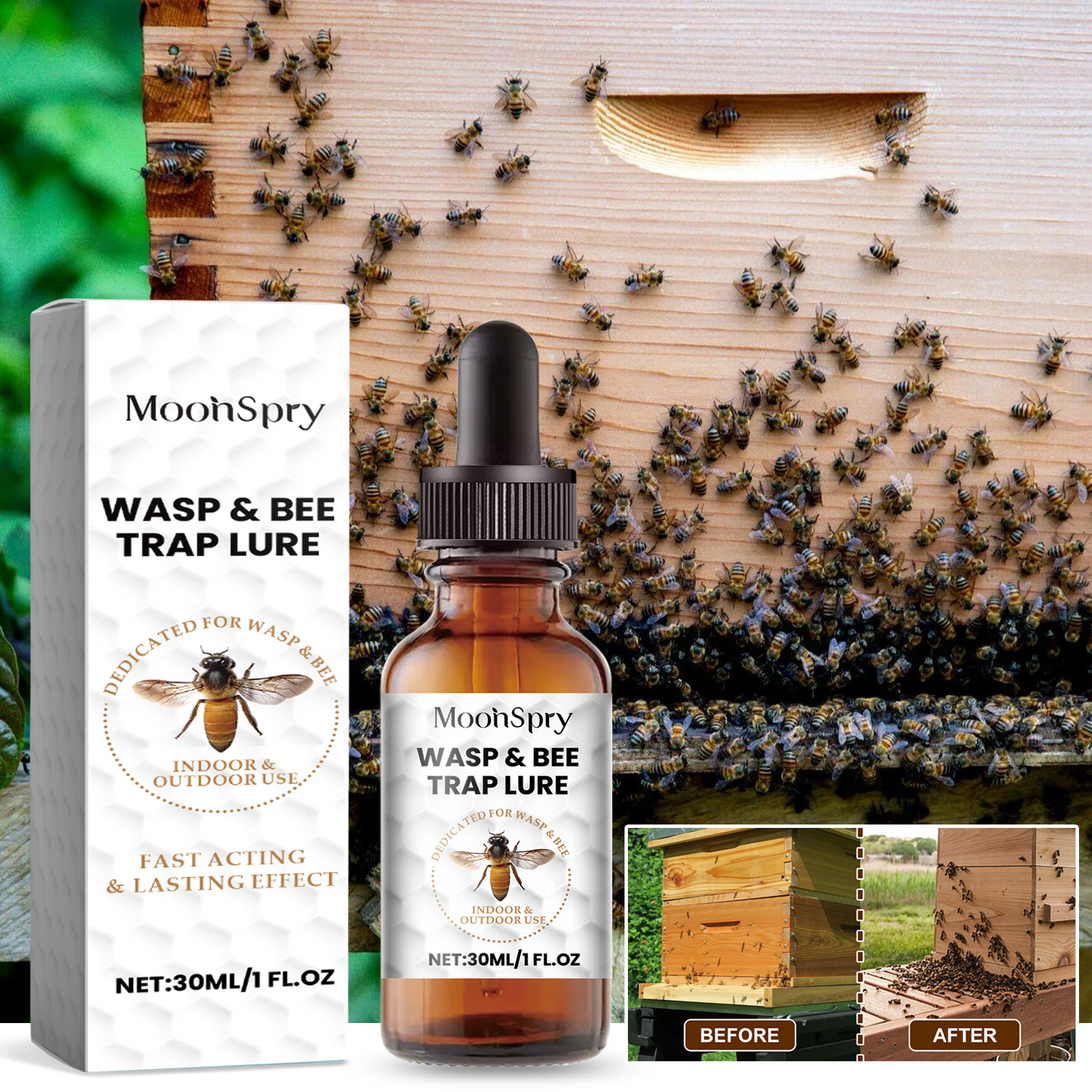Wasp and bee lure bottle beside a placed wooden trap