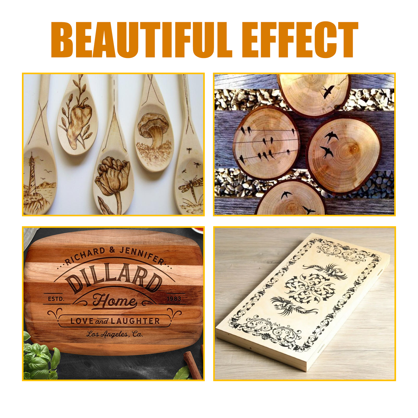 Decorative wood designs across spoons plaques signs boards