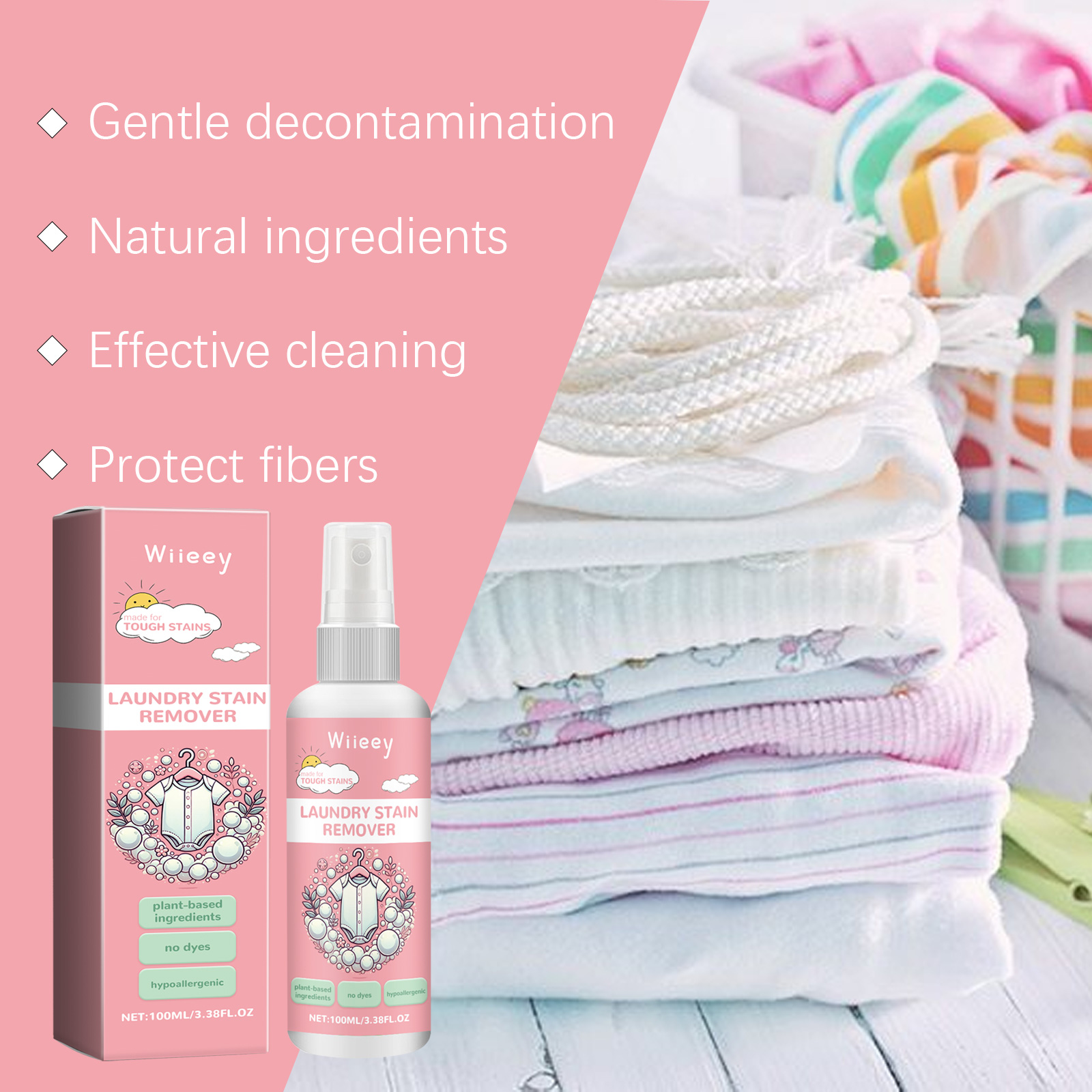Stain remover beside textured folded baby clothes