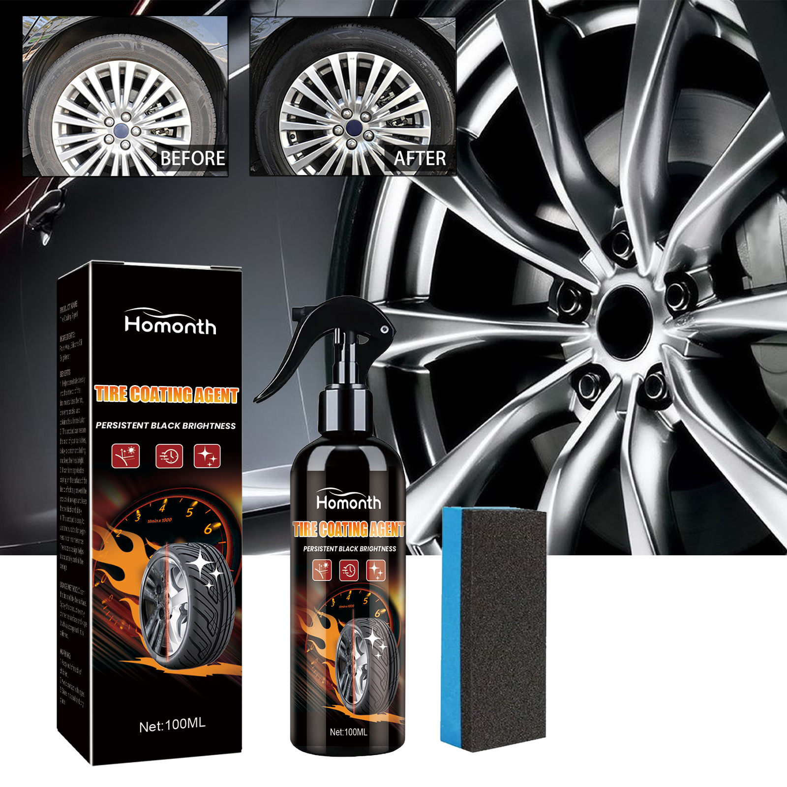 Before and after tire showing a brighter darker finish