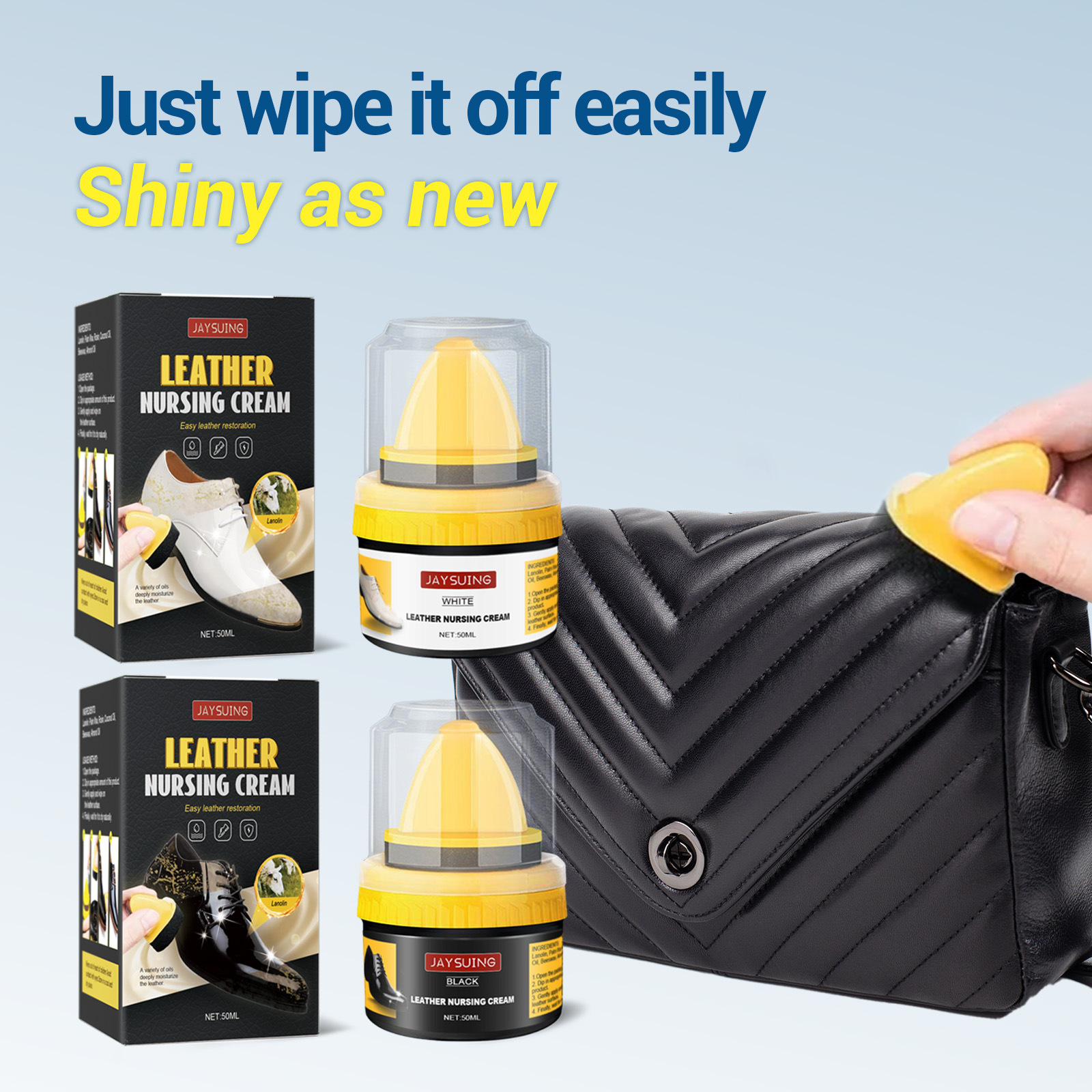 Yellow sponge wiping cream onto a black leather bag