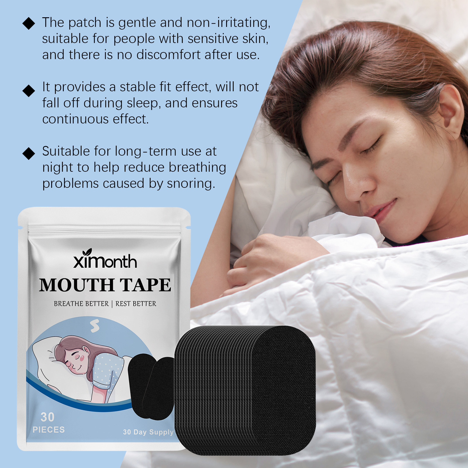 Benefits graphic with three key claims: gentle non-irritating formula, stable fit without falling off, and long-term use suitability