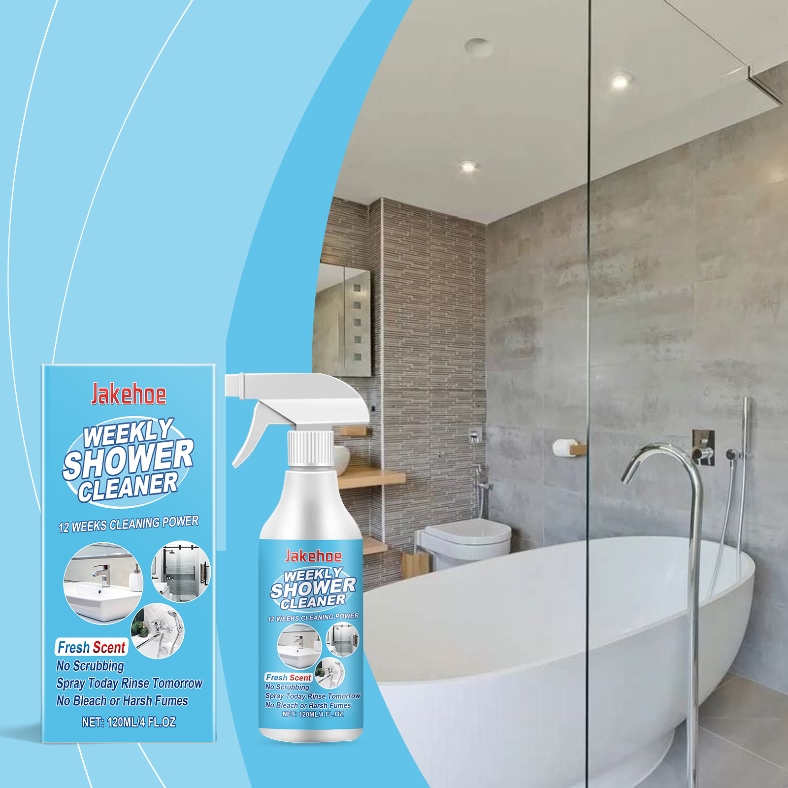 Bathroom cleaner positioned beside glass shower