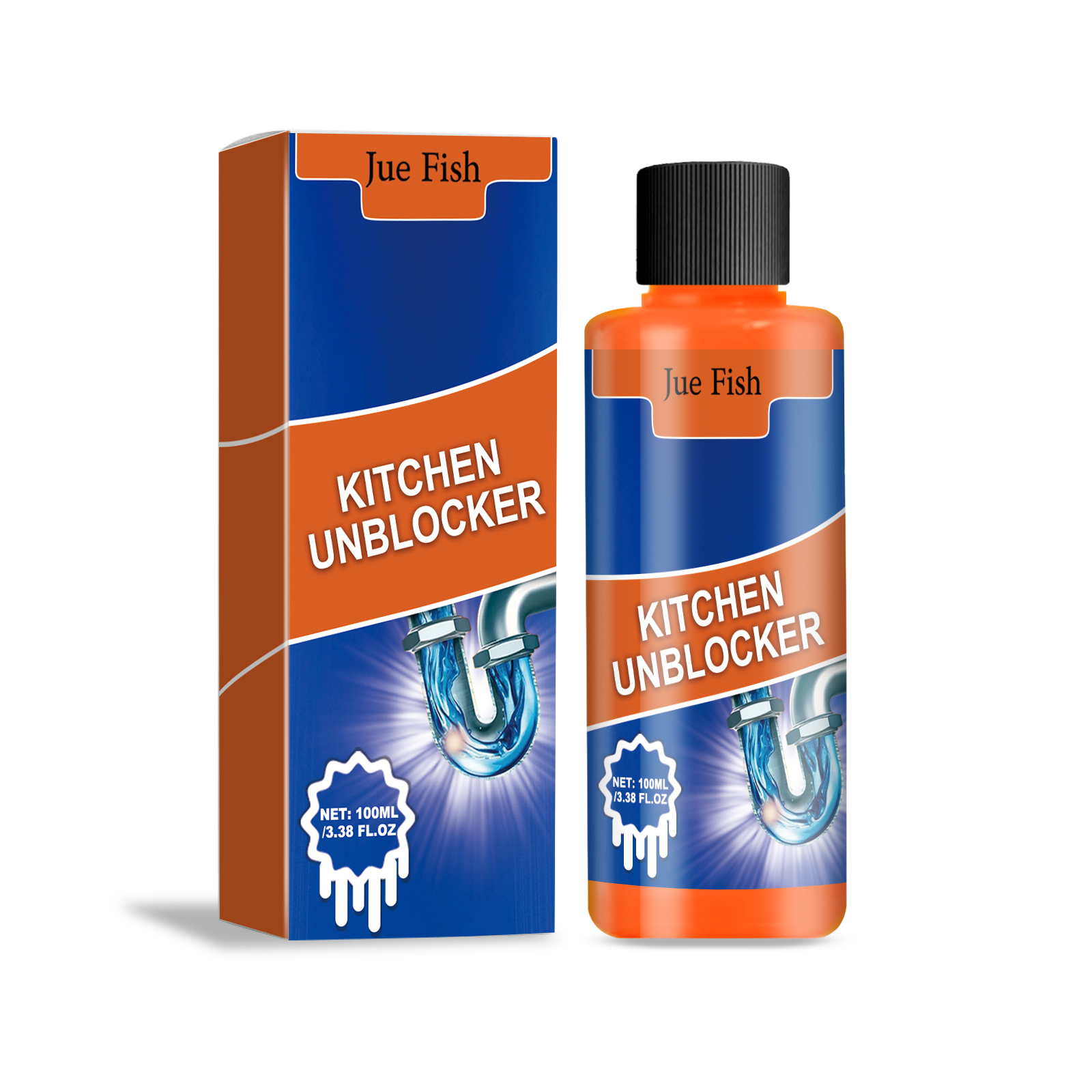 Compact drain cleaner bottle beside matching carton
