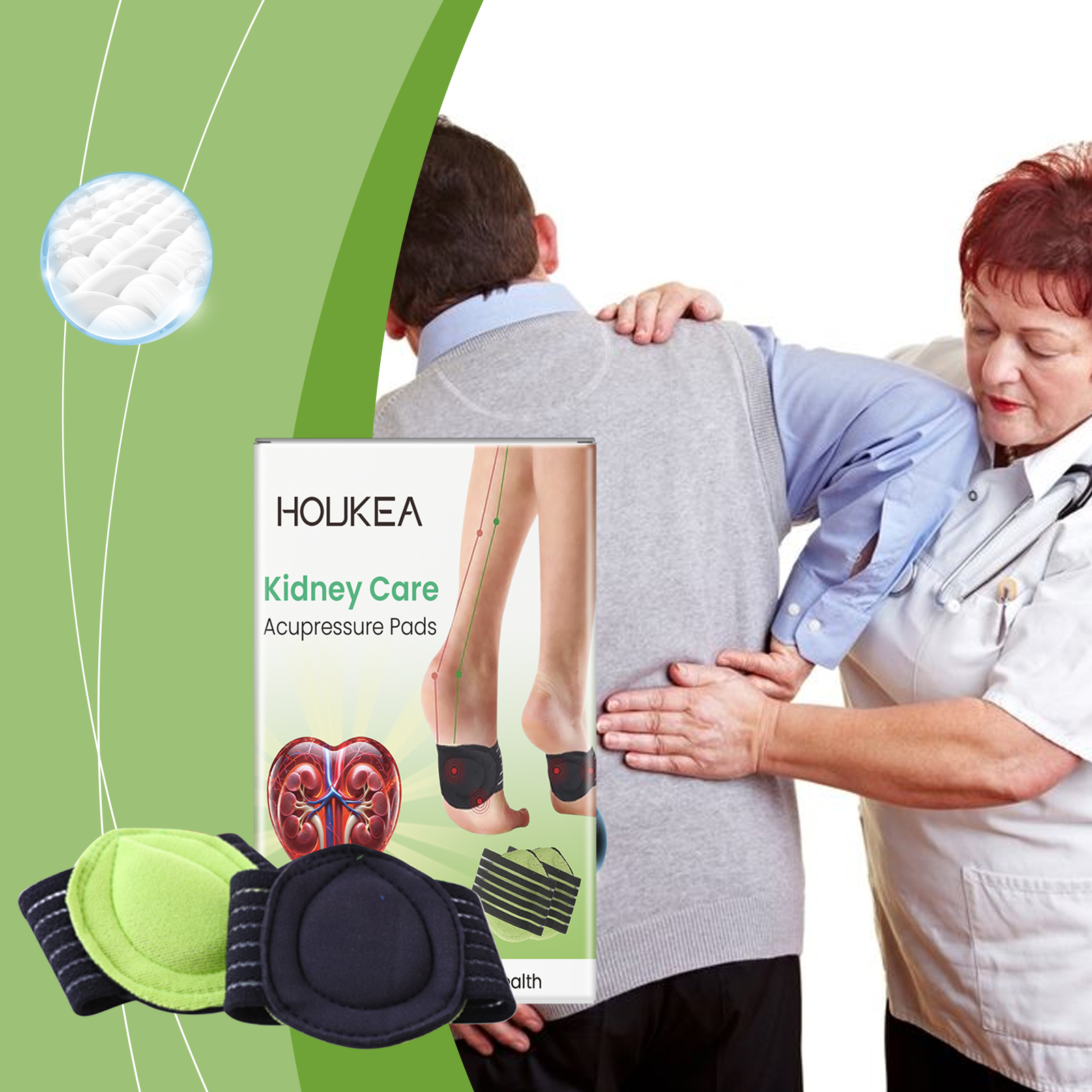 Wearable foot pads shown beside care setting