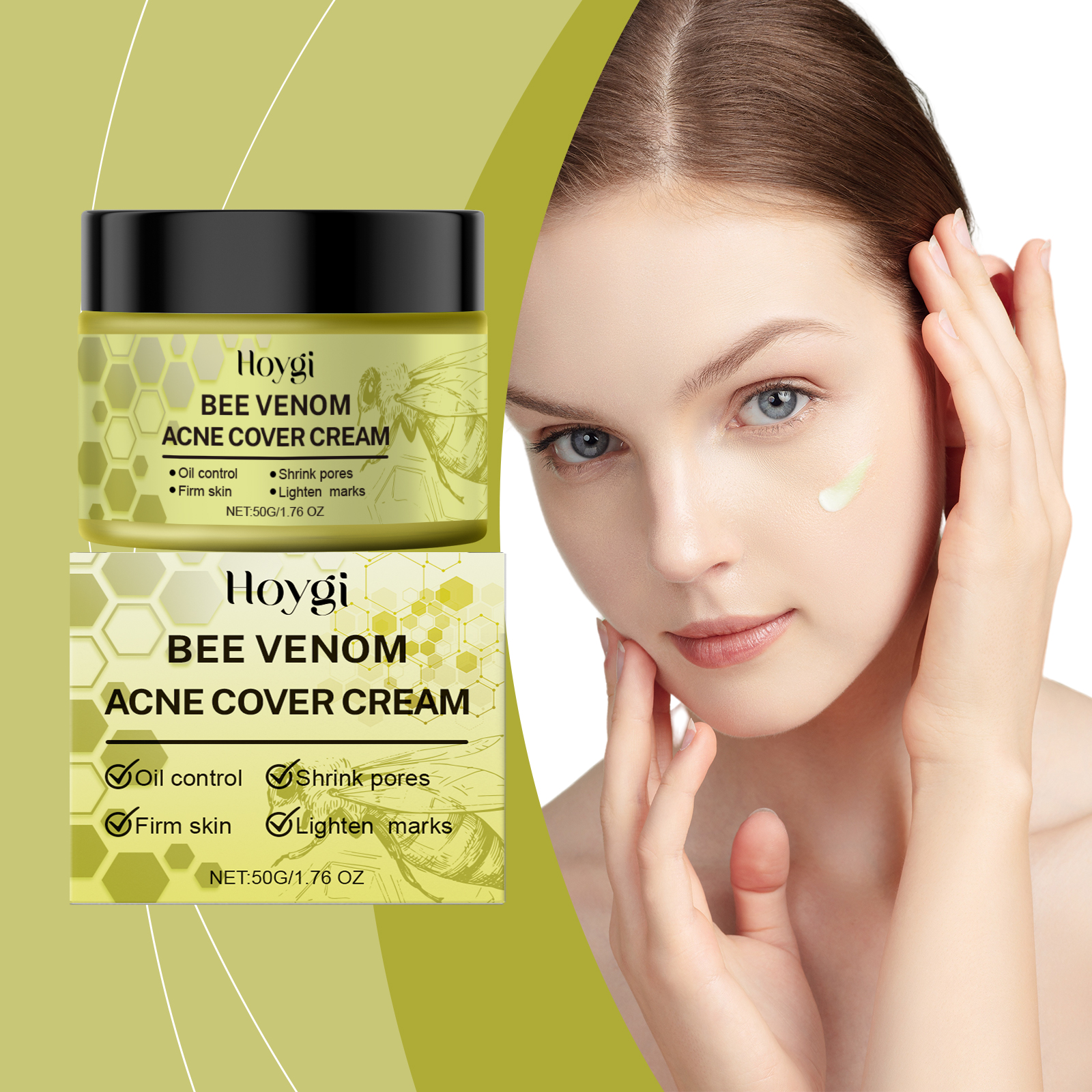 Cream application beside yellow-green acne care packaging