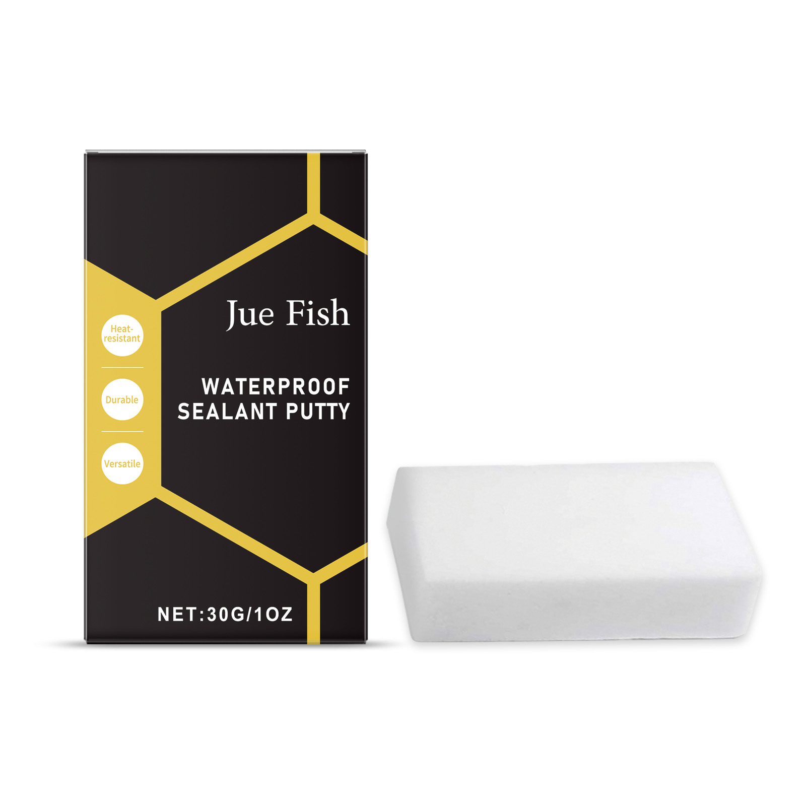 White repair putty block beside technical retail packaging