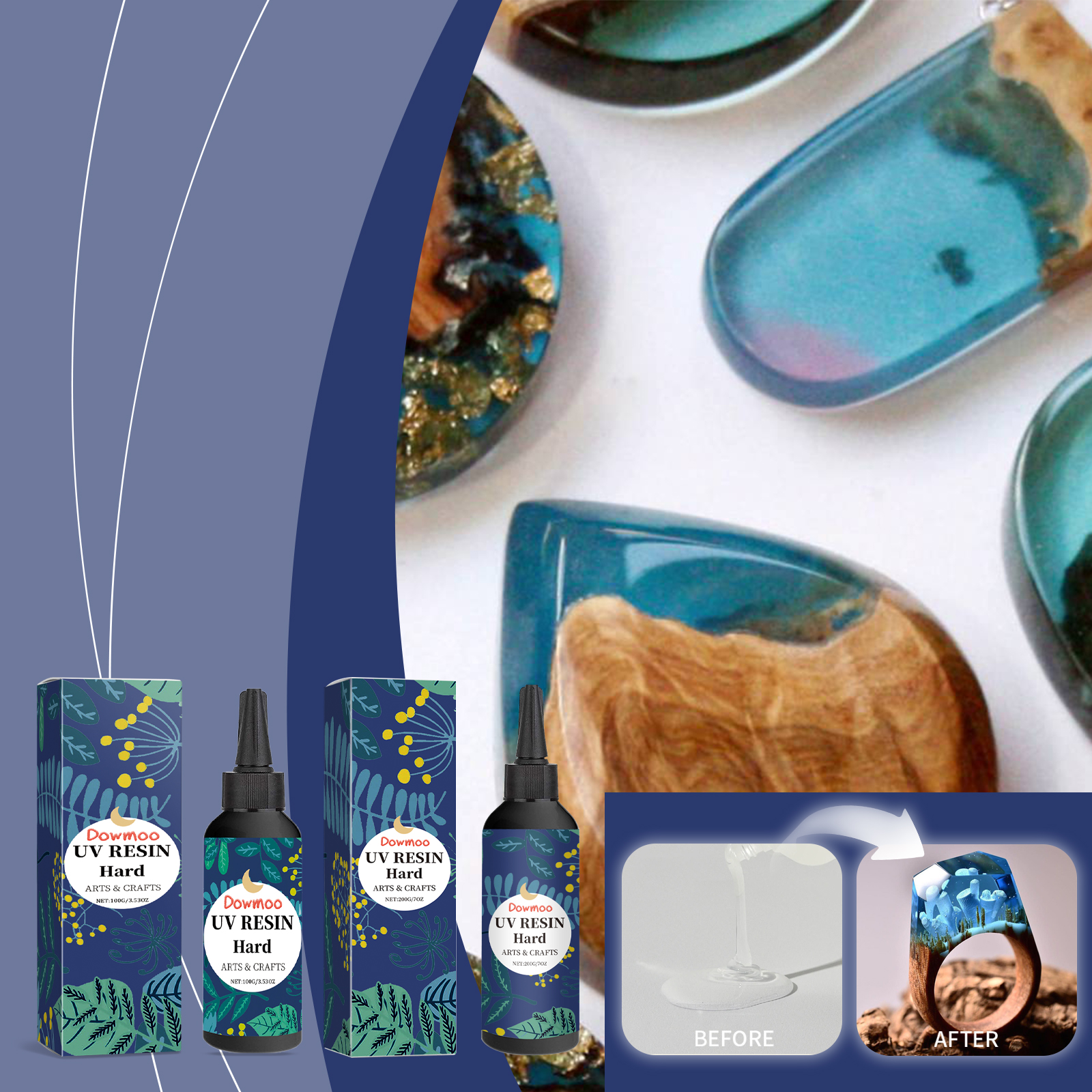 Glossy resin crafts shown beside unfinished pieces