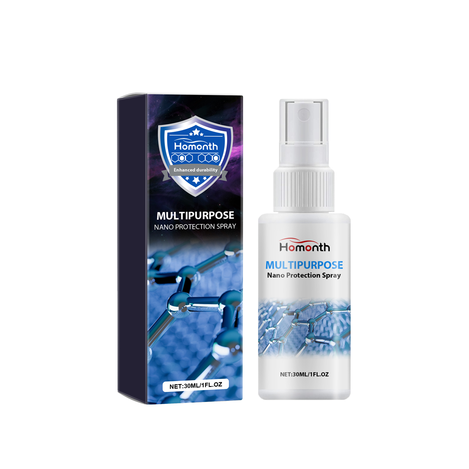 Fine-mist spray bottle with blue technical label