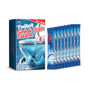 Eight blue sachets arranged beside cleaner box