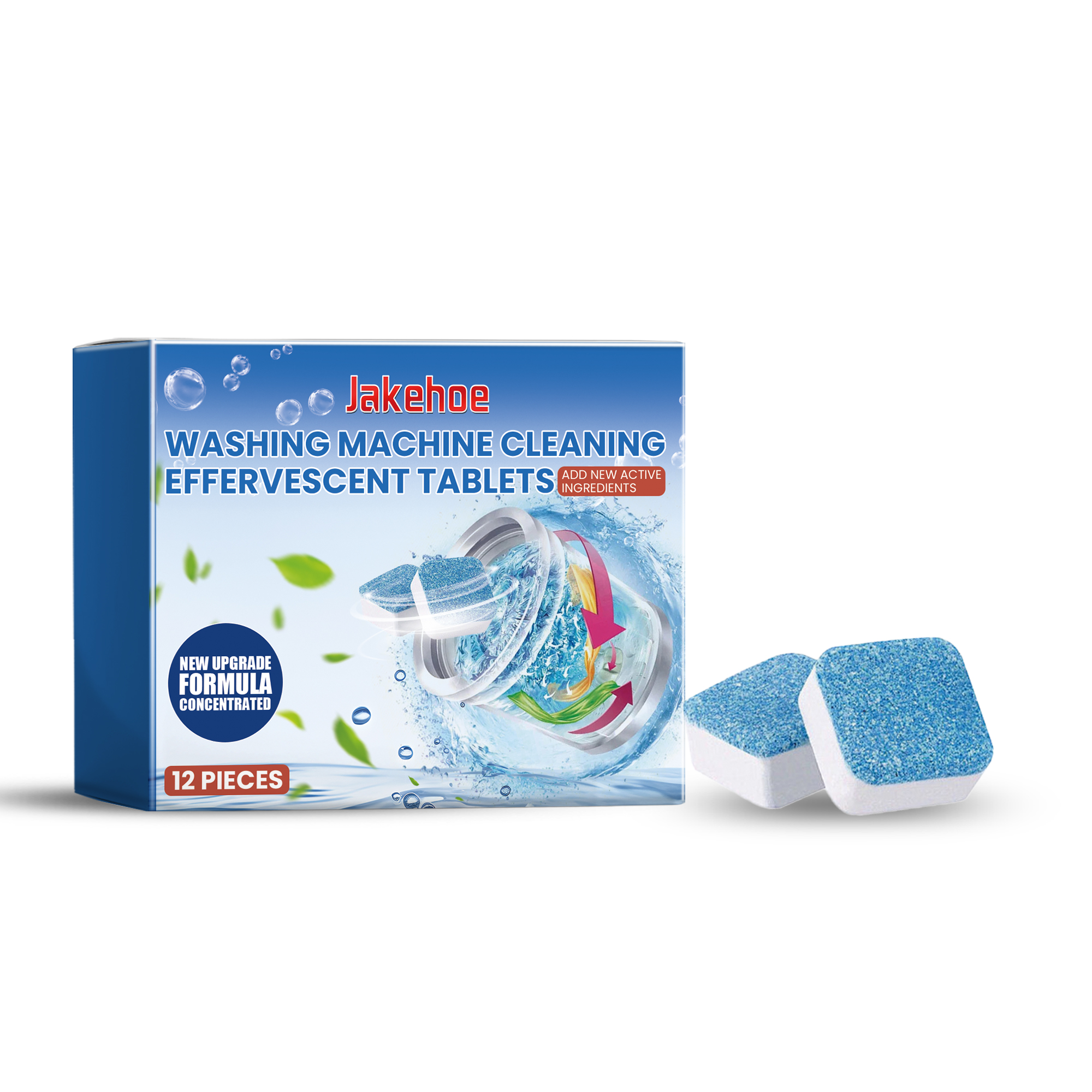 Cleaning tablet product beside open washing machine drum