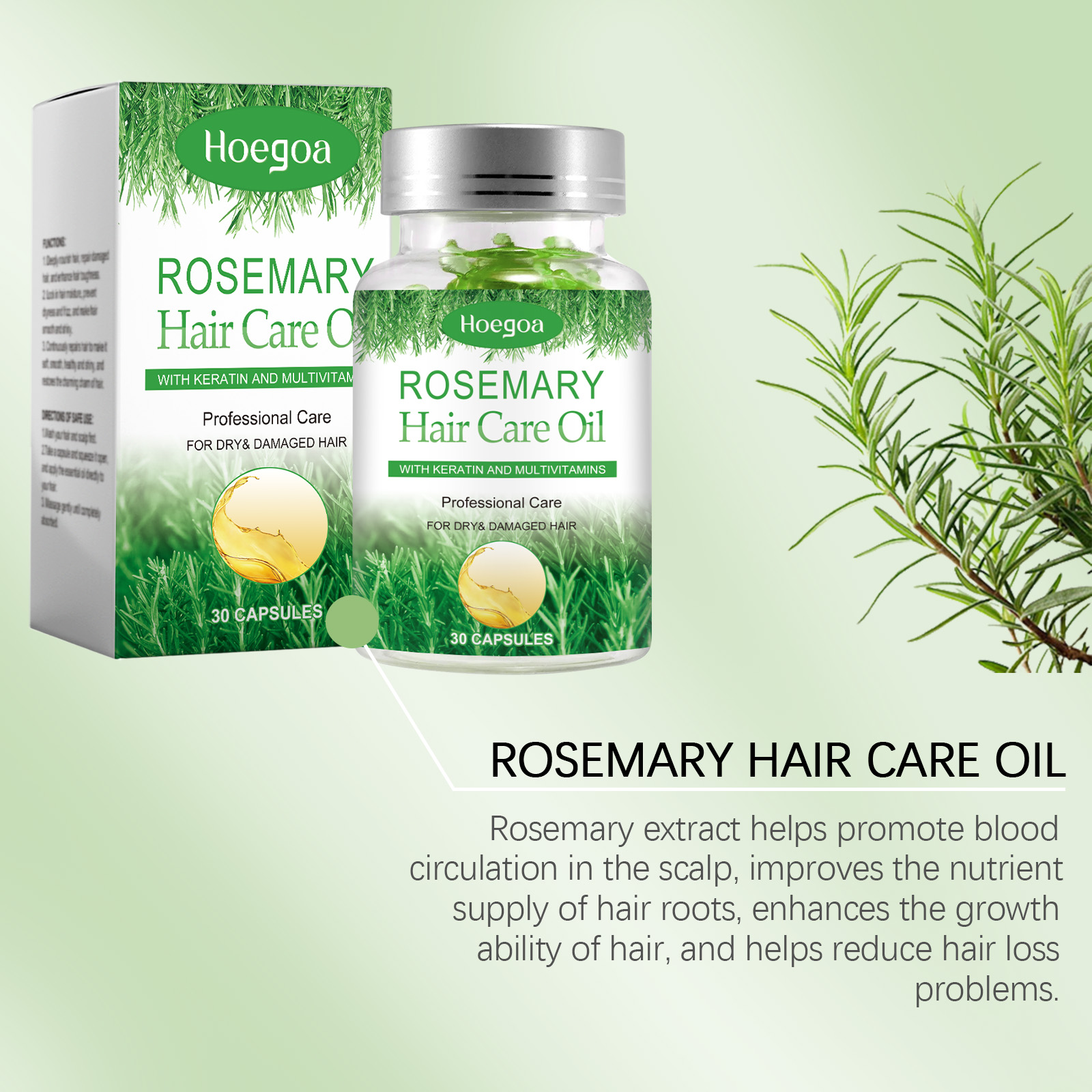 Rosemary bottle and box with fresh rosemary sprig