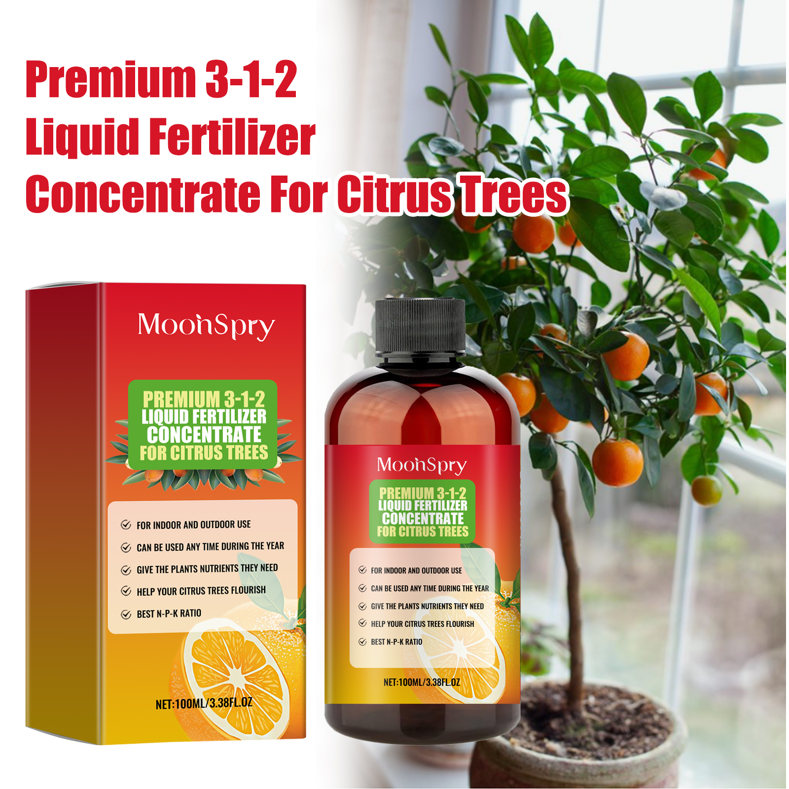 Citrus fertilizer displayed beside indoor fruiting tree