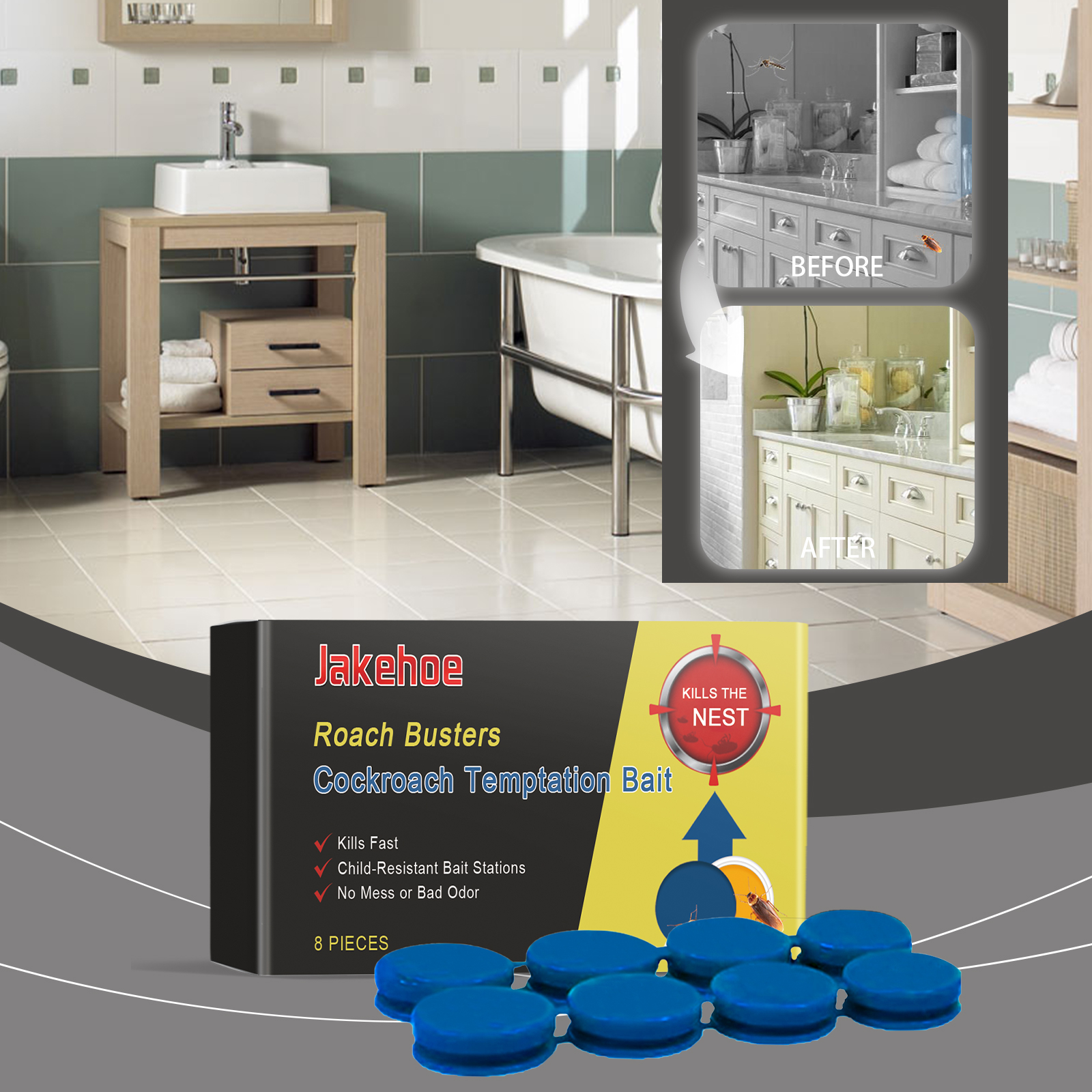 Bait station placed discreetly near bathroom fixtures